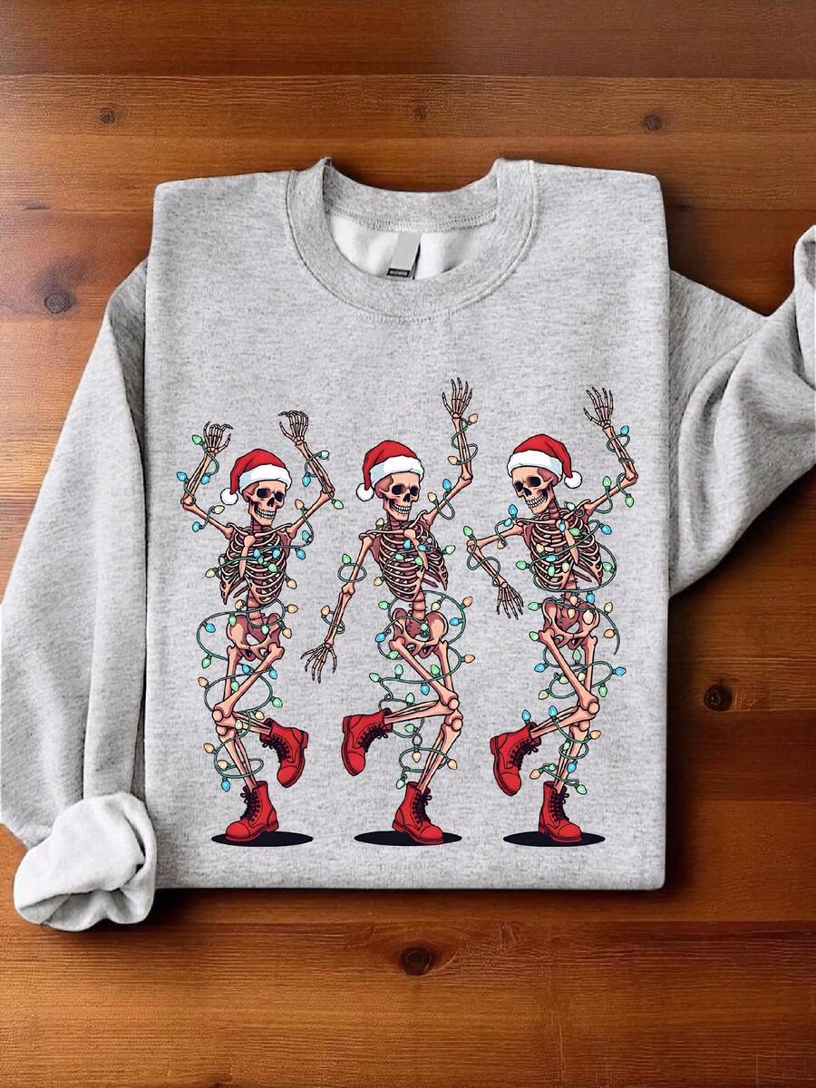 Christmas Dancing Skeleton Sweatshirt, Holiday Unisex Sweater, Funny Xmas Lights, Party Long Sleeve Sweatshirt, Gift For Christmas