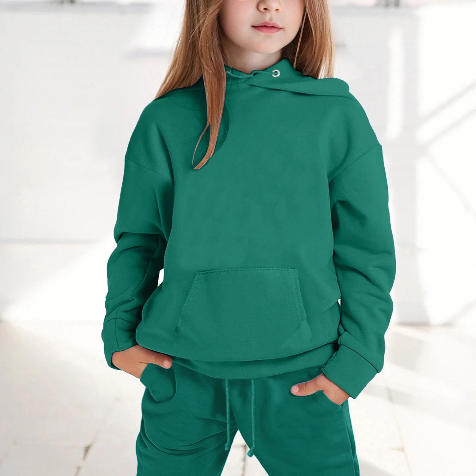 Big Girls Long Sleeve Solid Warm Hoodie Pullover Tops Pants Kids Outfits Sweat Suit Green,12-13Y Kids Unisex Activewear