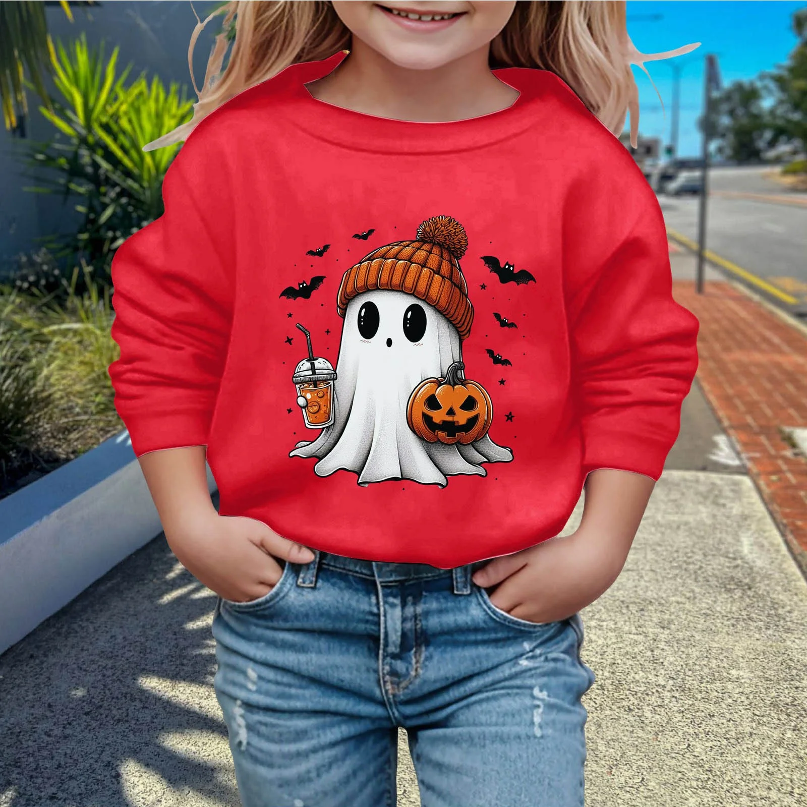 Children Fashion Halloween Cute Printed Crew Neck Hoodless Long Sleeve Sweatshirt
