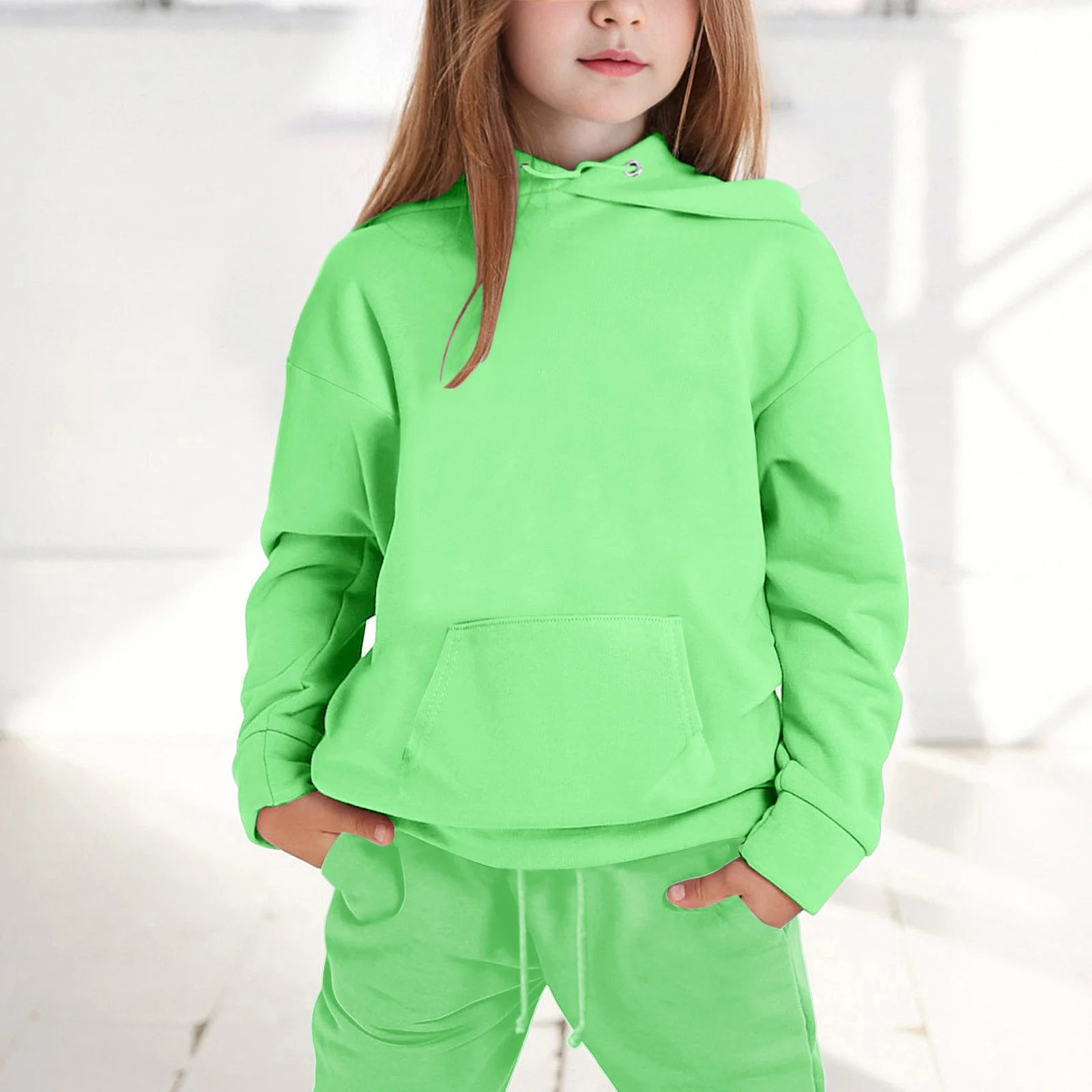 Big Girls Long Sleeve Solid Warm Hoodie Pullover Tops Pants Kids Outfits Sweat Suit Light Green,10-11Y Girls Activewear