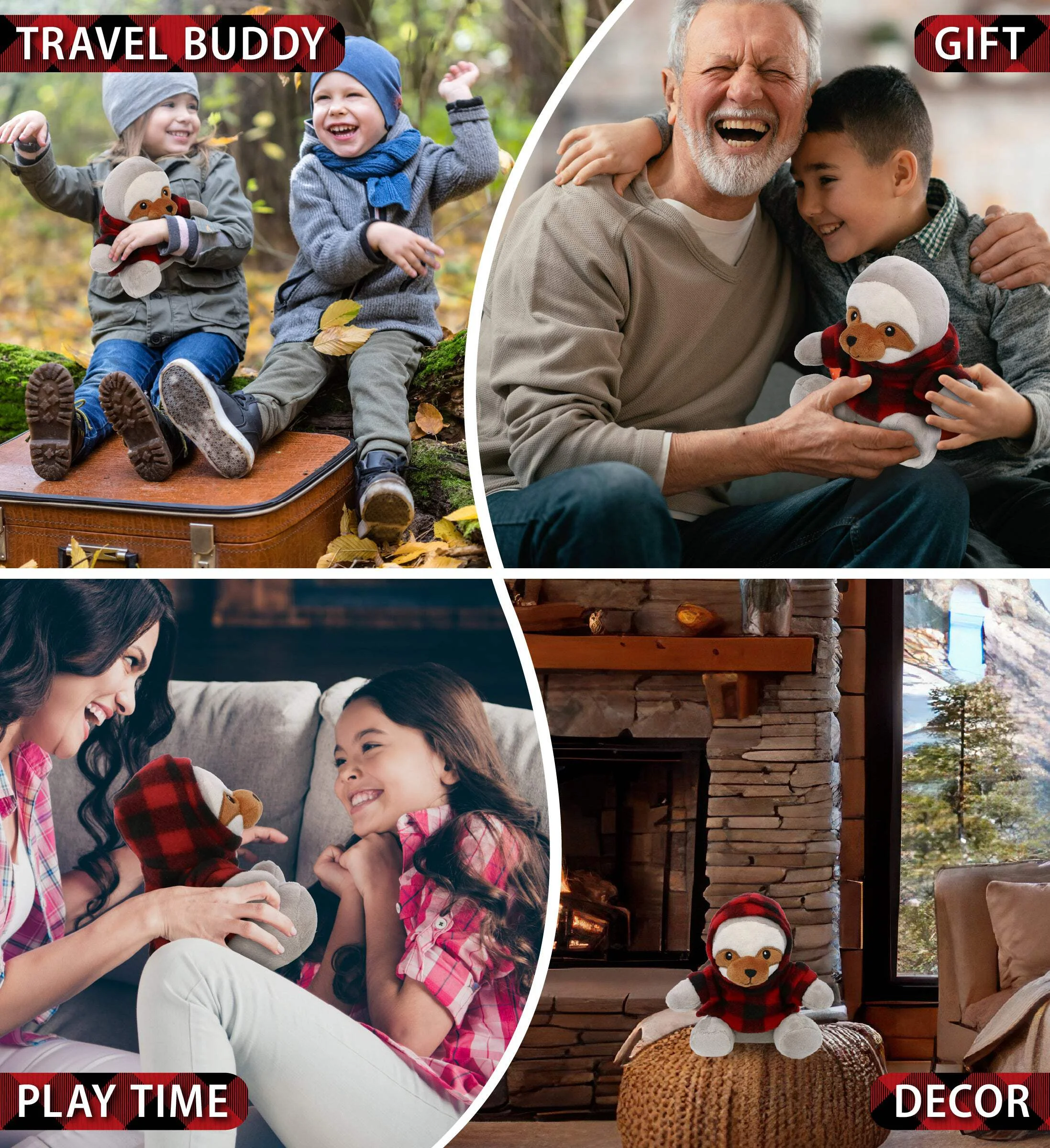 6" PLUSH - SLOTH WITH RED PLAID HOODIE