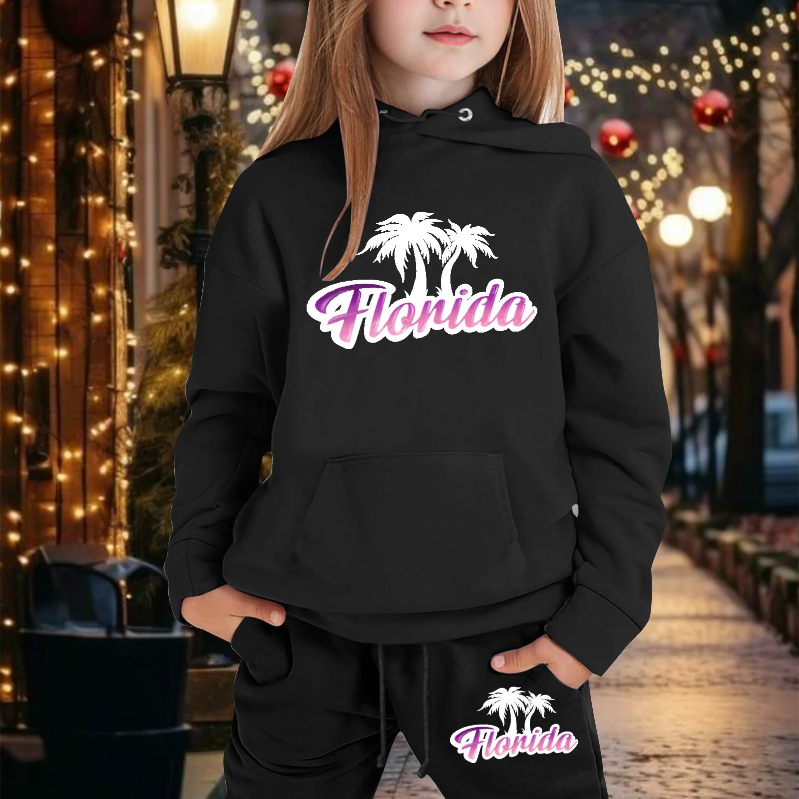 Hoodies for Girls Set 2PC Long Hooded Sweatshirts for Boys Pullover Florida Letter Print for 2-13 Years Outfits Kids Sweatsuit(110 3-4 Years,Black)