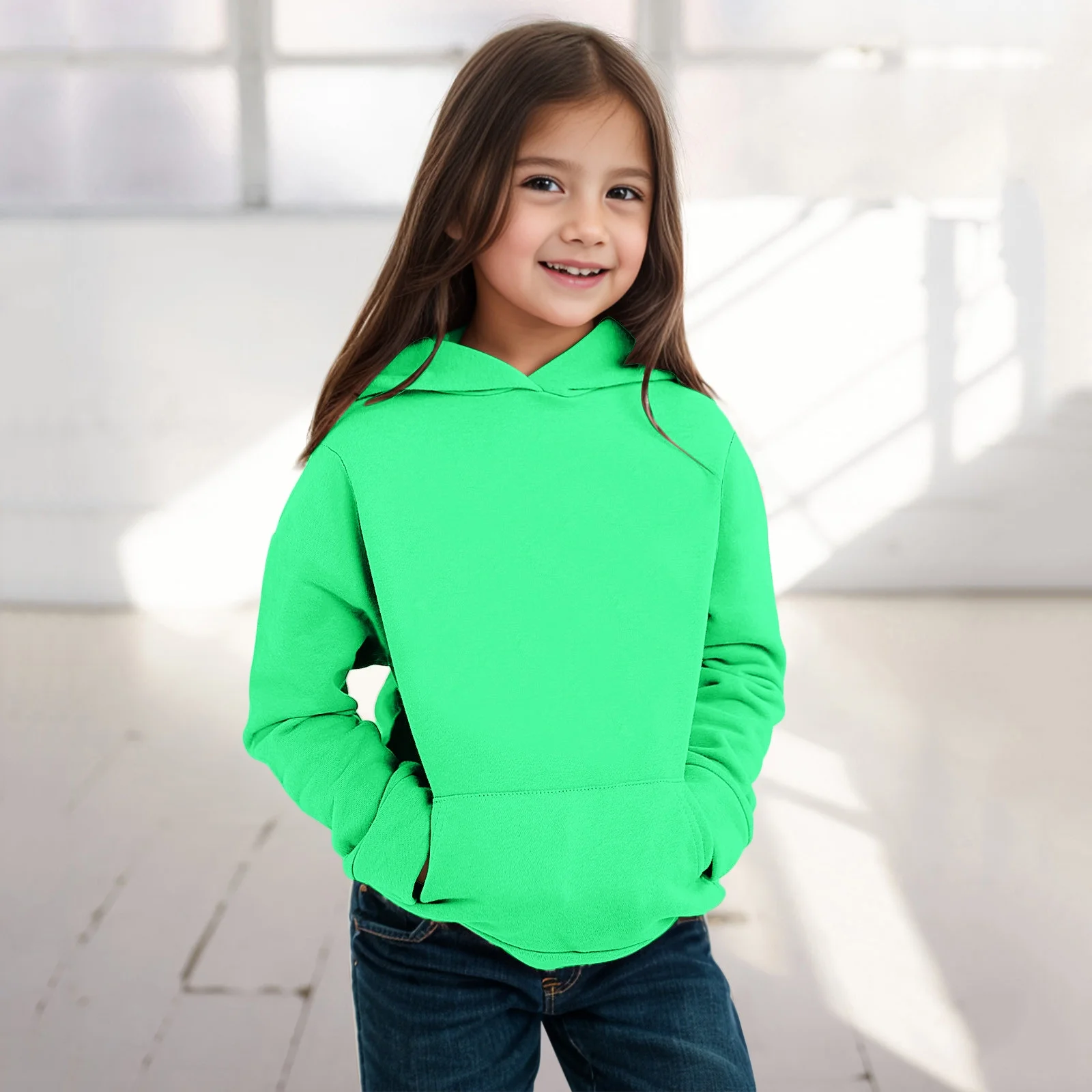 Girls Boys Hoodies Long Sleeve Hooded Soild Color Print Kids Pullover Sweatshirt with Pockets(140 6-7 Years,Green)
