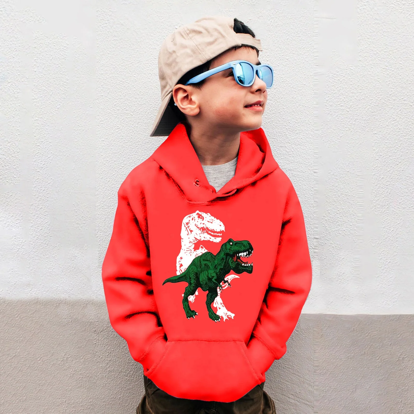 Baby Boys Hoodies Dinosaur Printed Drop Shoulder Outwear Trendy Spring Casual Girls and Toddlers' Pullover Hoodie Sweatshirt,A1-Red,3-4 Years