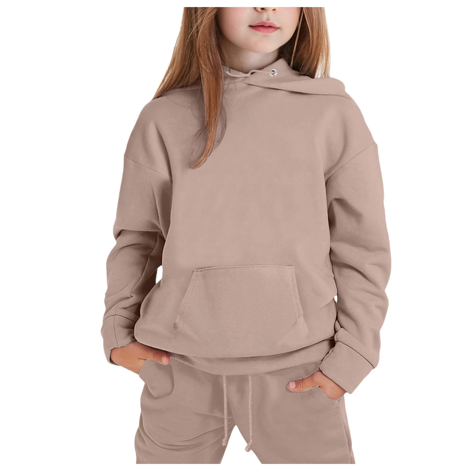 Toddler Long Sleeve Solid Warm Hoodie Pullover Tops Pants Kids Outfits Sweat Suit Beige,4-5T Kids Unisex Outfit Sets