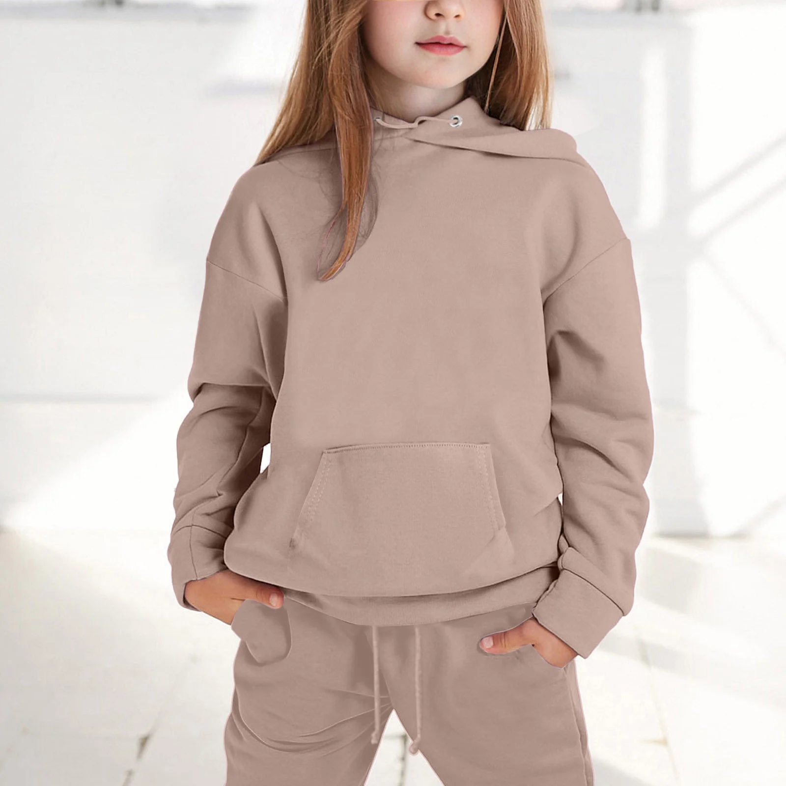 Toddler Long Sleeve Solid Warm Hoodie Pullover Tops Pants Kids Outfits Sweat Suit Beige,4-5T Kids Unisex Outfit Sets