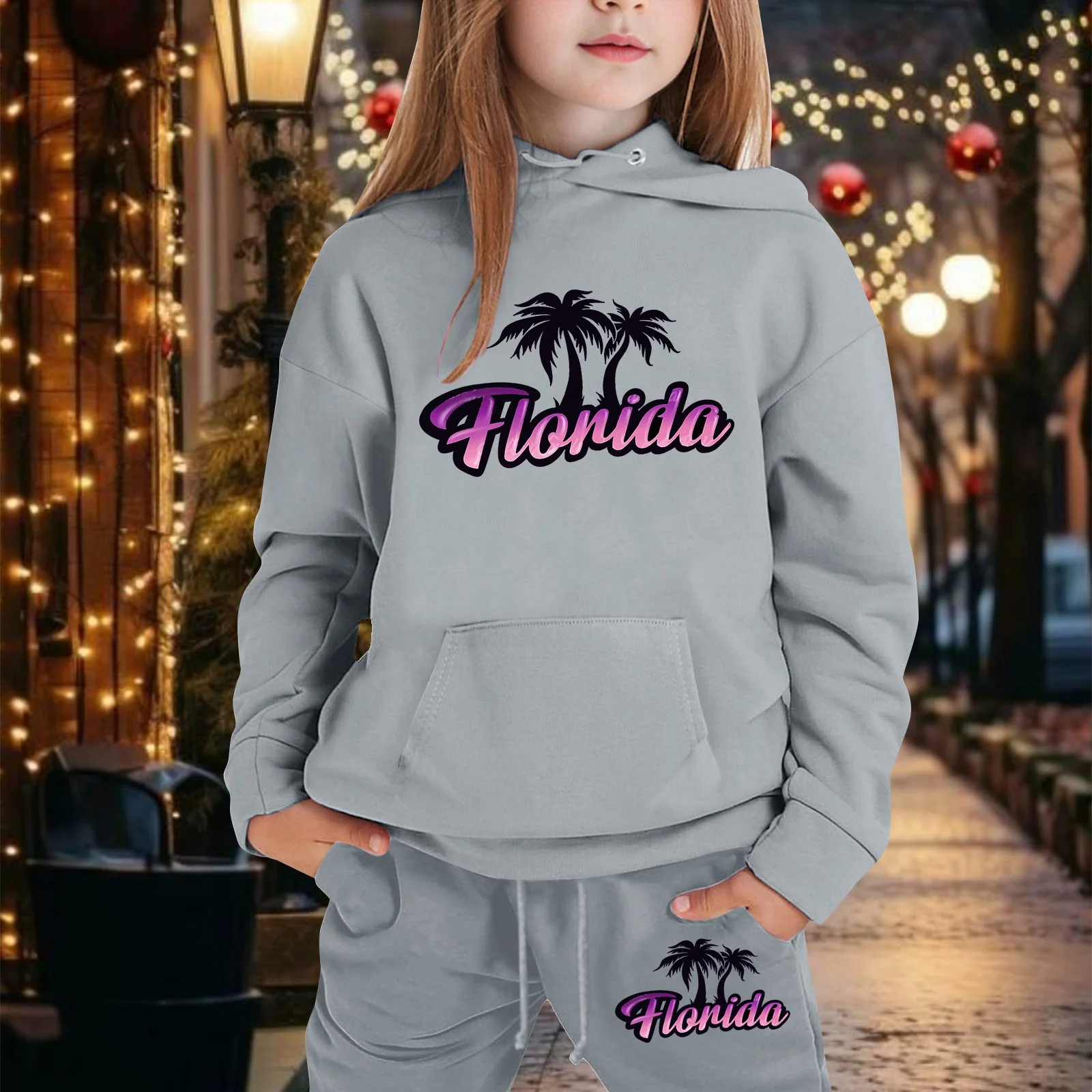 Hoodies for Girls Set 2PC Long Hooded Sweatshirts for Boys Pullover Florida Letter Print for 2-13 Years Outfits Kids Sweatsuit(120 4-5 Years,Grey)