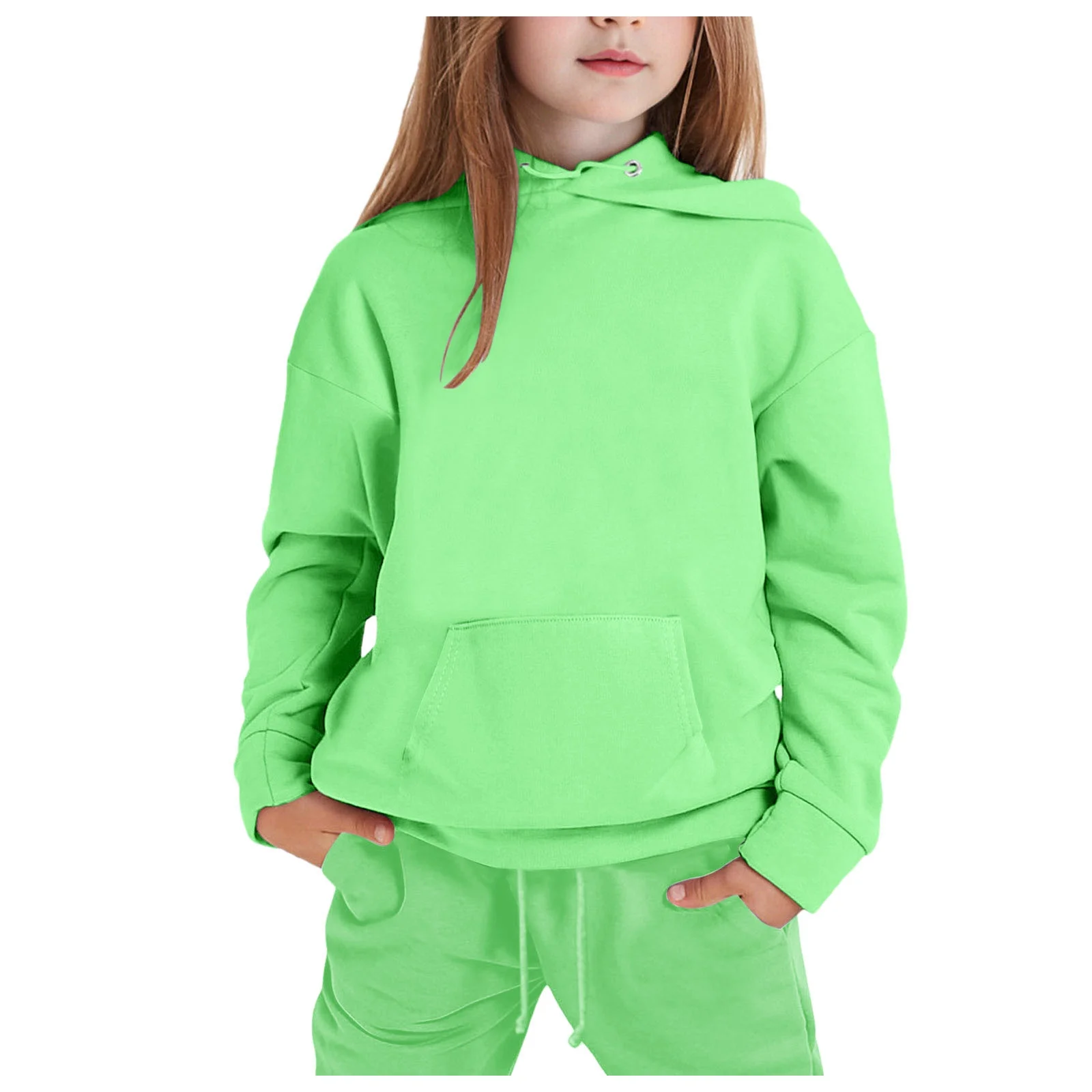 Big Girls Long Sleeve Solid Warm Hoodie Pullover Tops Pants Kids Outfits Sweat Suit Light Green,10-11Y Girls Activewear