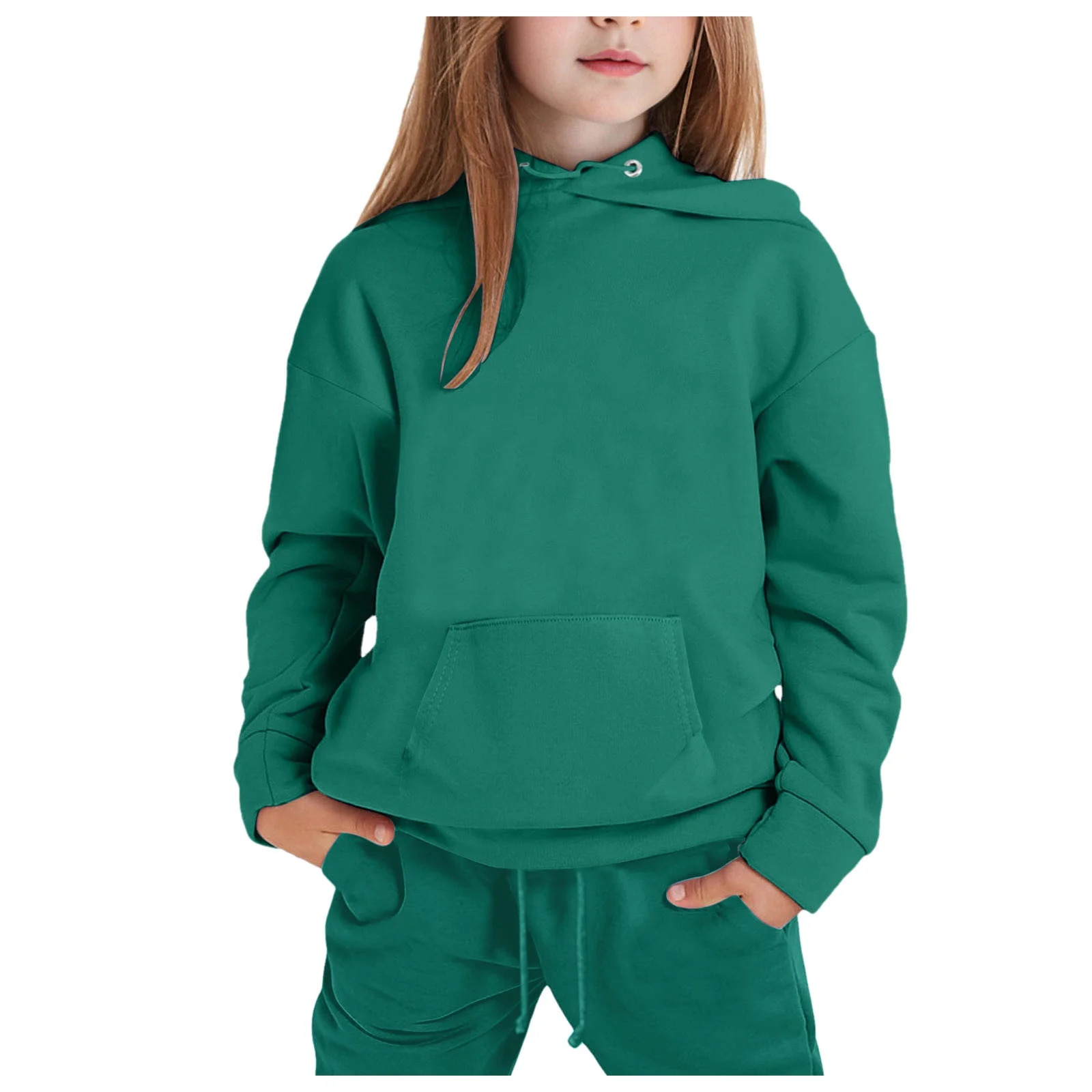 Big Girls Long Sleeve Solid Warm Hoodie Pullover Tops Pants Kids Outfits Sweat Suit Green,12-13Y Kids Unisex Activewear