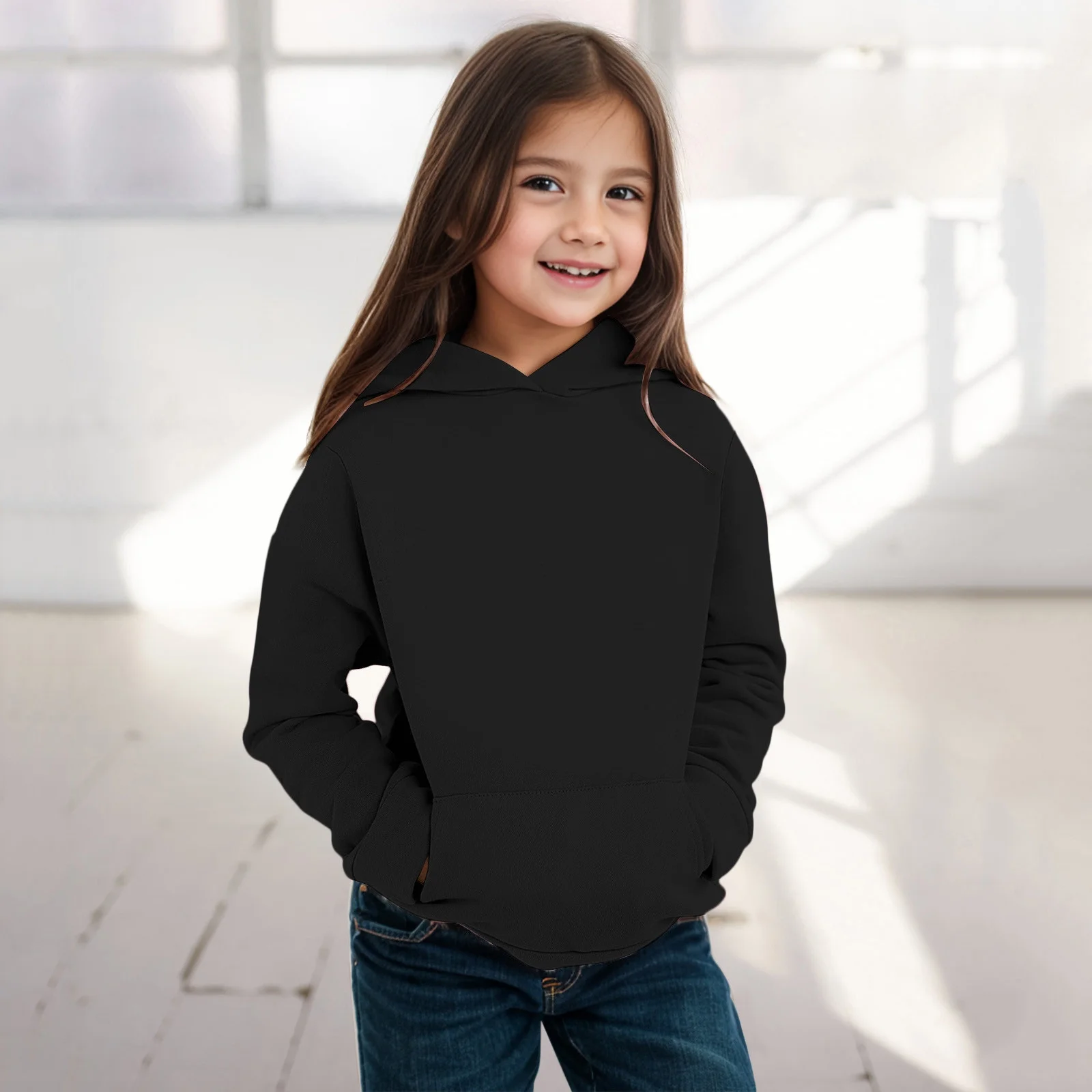 Girls Boys Hoodies Long Sleeve Hooded Soild Color Print Kids Pullover Sweatshirt with Pockets(160 9-10 Years,Black)