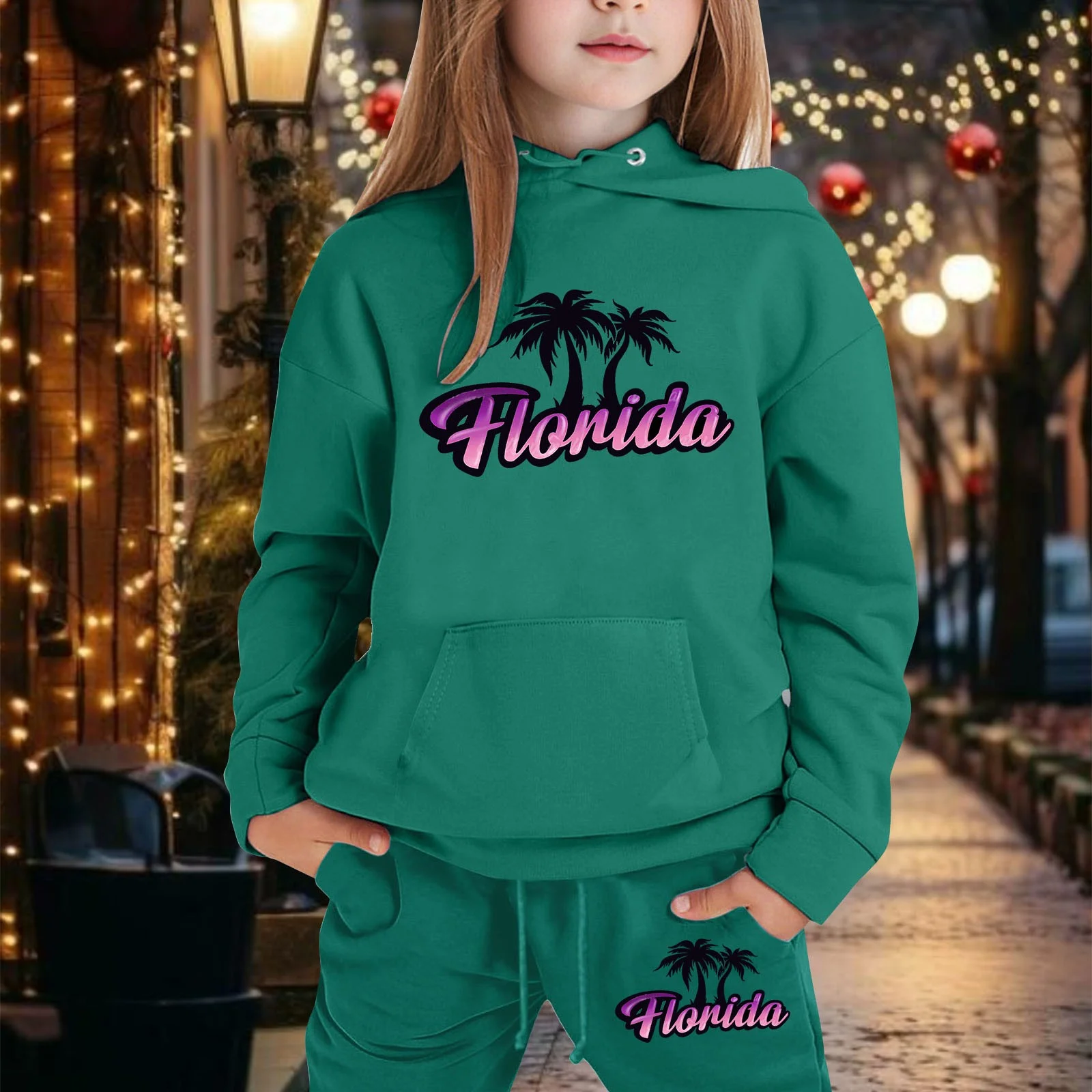Hoodies for Girls Set 2PC Long Hooded Sweatshirts for Boys Pullover Florida Letter Print for 2-13 Years Outfits Kids Sweatsuit(130 6-7 Years,Dark Green)