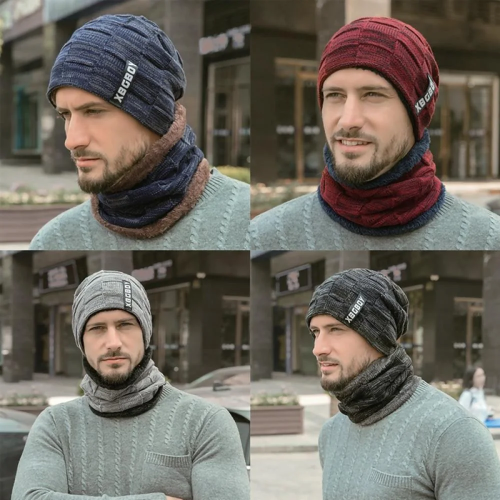 Deepwonder Men's Warm Knit Hat and Scarf Set, Fleece Beanies Velvet Insulated, Brown and Gray