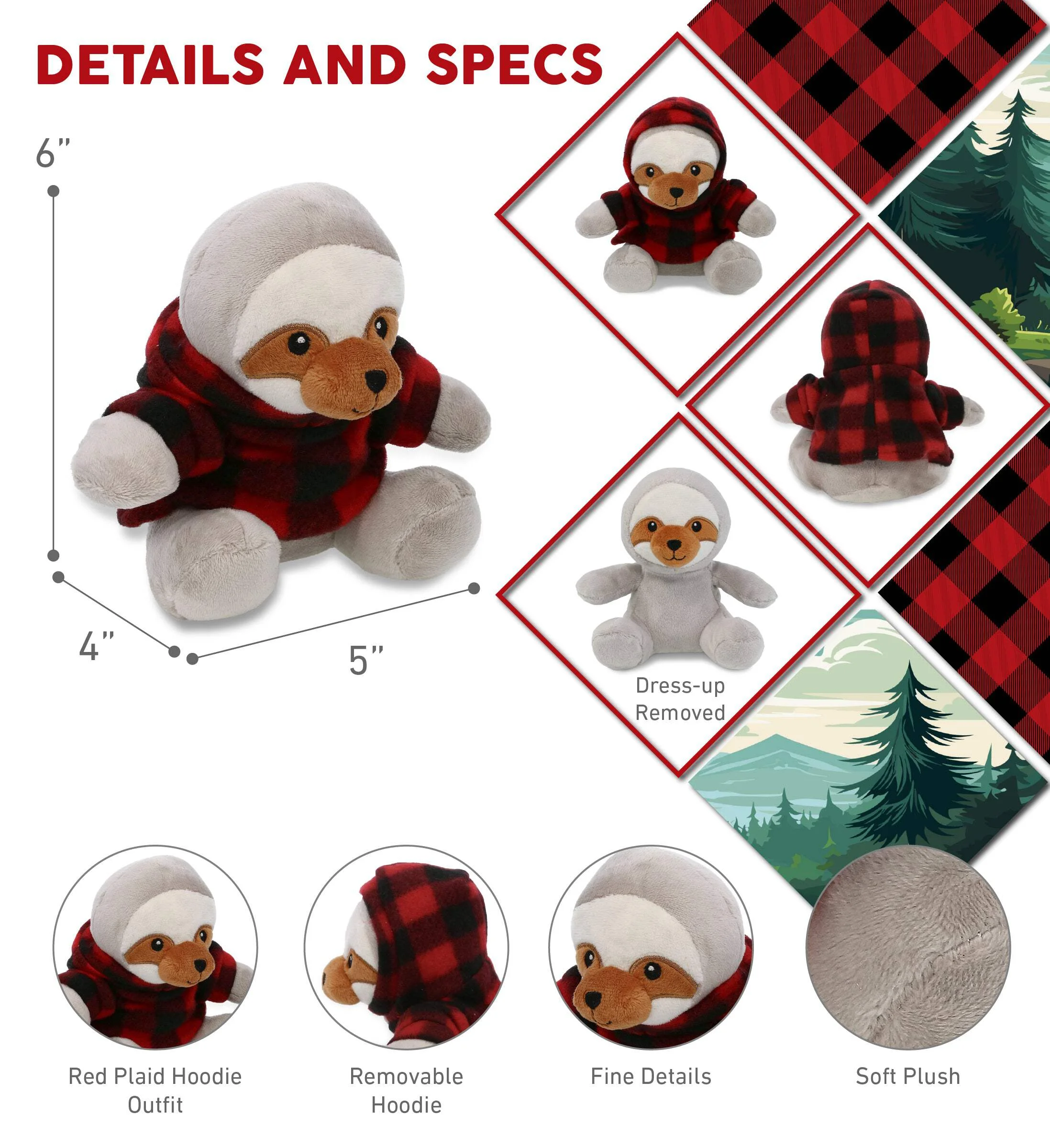 6" PLUSH - SLOTH WITH RED PLAID HOODIE
