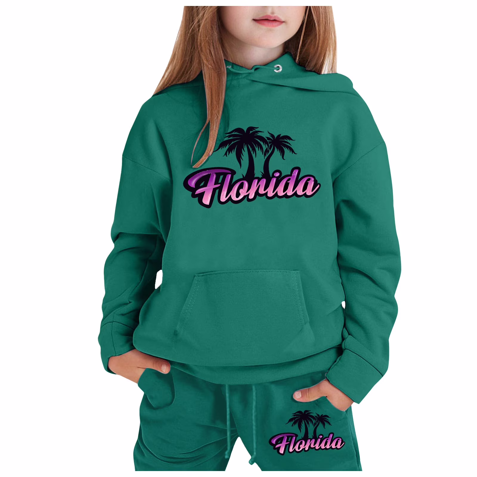 Hoodies for Girls Set 2PC Long Hooded Sweatshirts for Boys Pullover Florida Letter Print for 2-13 Years Outfits Kids Sweatsuit(120 4-5 Years,Dark Green)