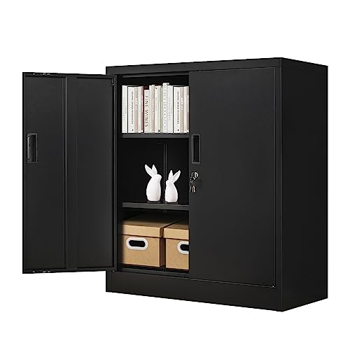 Metal Storage Cabinet with 2 Drawers. Lockable Steel Storage with Doors and Shelve, 37”H Office Cabinet for Home, Garage, Warehouse with Large Space. (Black)