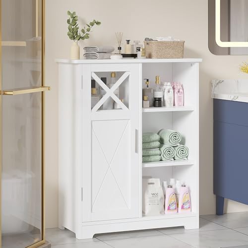 VECELO Bathroom Floor Storage Cabinet with 2 Adjustable Shelves, Freestanding Cabinet with 1 Door & 3 Open Compartments for Bathroom, White