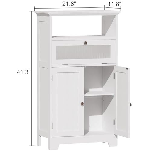 ChooChoo Bathroom Floor Storage Cabinet with Flip Glass Drawer, Freestanding with 2 Doors, Adjustable Shelf & 1 Open Storage for Living Room, Hallway, Navy Blue