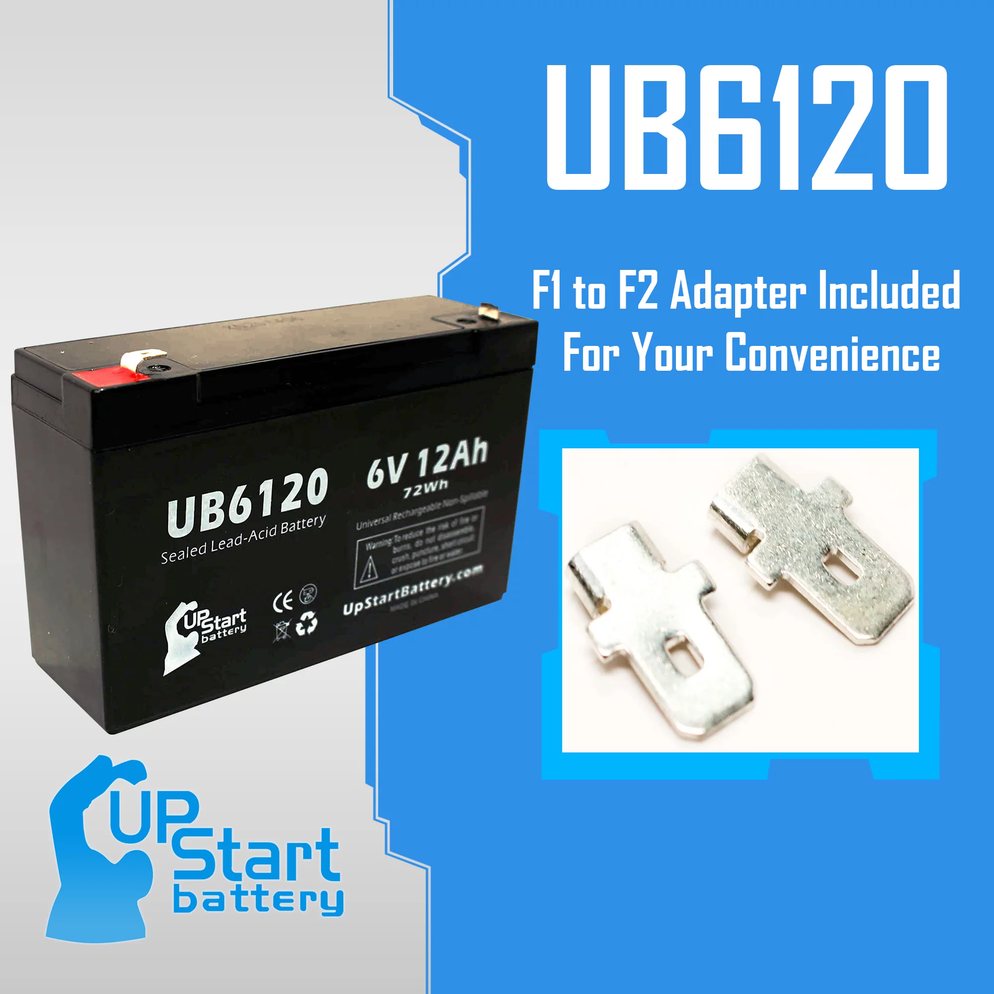 4x Pack - Compatible BAXTER HEALTHCARE INFUSION PUMP Battery - Replacement UB6120 Universal Sealed Lead Acid Battery (6V, 12Ah, 12000mAh, F1 Terminal, AGM, SLA) - Includes 8 F1 to F2 Terminal Adapters