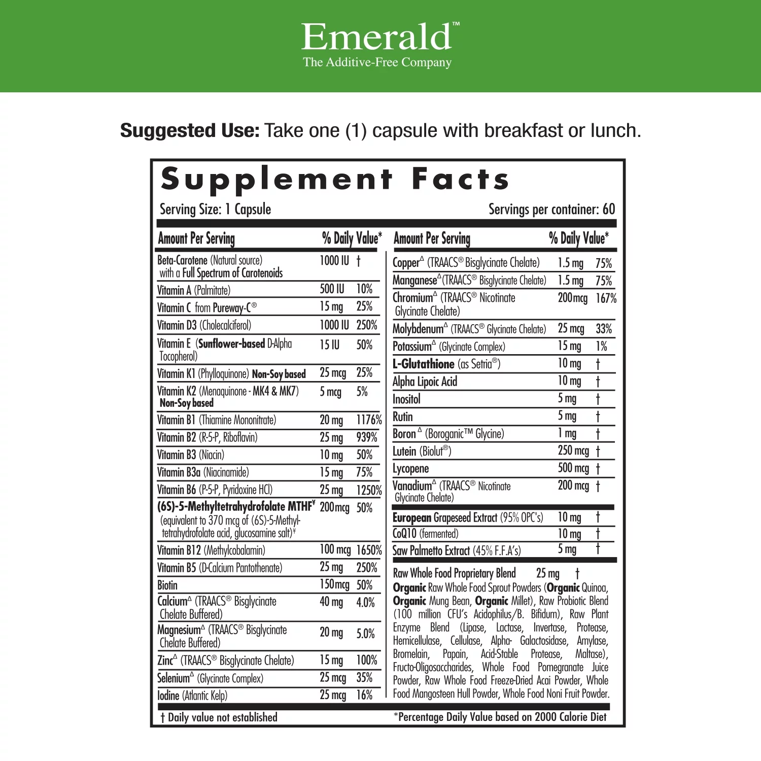 Emerald Labs Men's 45+ 1-Daily Multi - Multivitamin with CoQ10, Saw Palmetto and Lycopene to Support Heart Health, Energy Levels, Immune System, and Strong Bones - 60 Vegetable Capsules