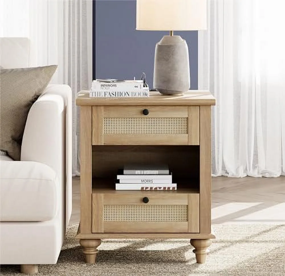 Rattan Nightstand End Table with Charging Station  Farmhouse Small Side Table for Living Room with 2 Drawers  Natural Wood Night Stand Bedside Table for Bedroom  Oak