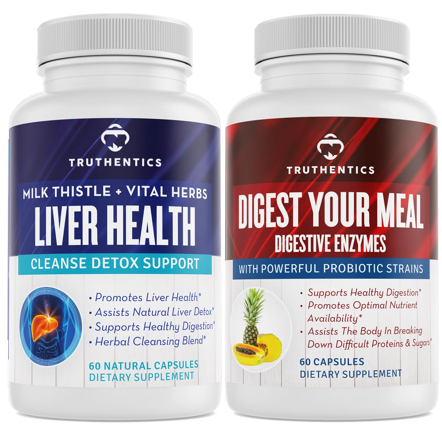 Truthentics Liver Support Plus Digestive Enzymes Probiotic Bundle - Liver Cleanse Detox Digestion Support - 60 Capsules Each