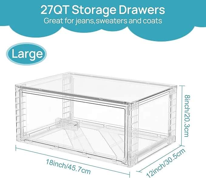 2 Pack Large Clear Stackable Storage Drawers 27QT, Easily Assemble Plastic Closet Storage Bins, Dust-Proof UnderBed Organizer for Clothing, Sweater Organization
