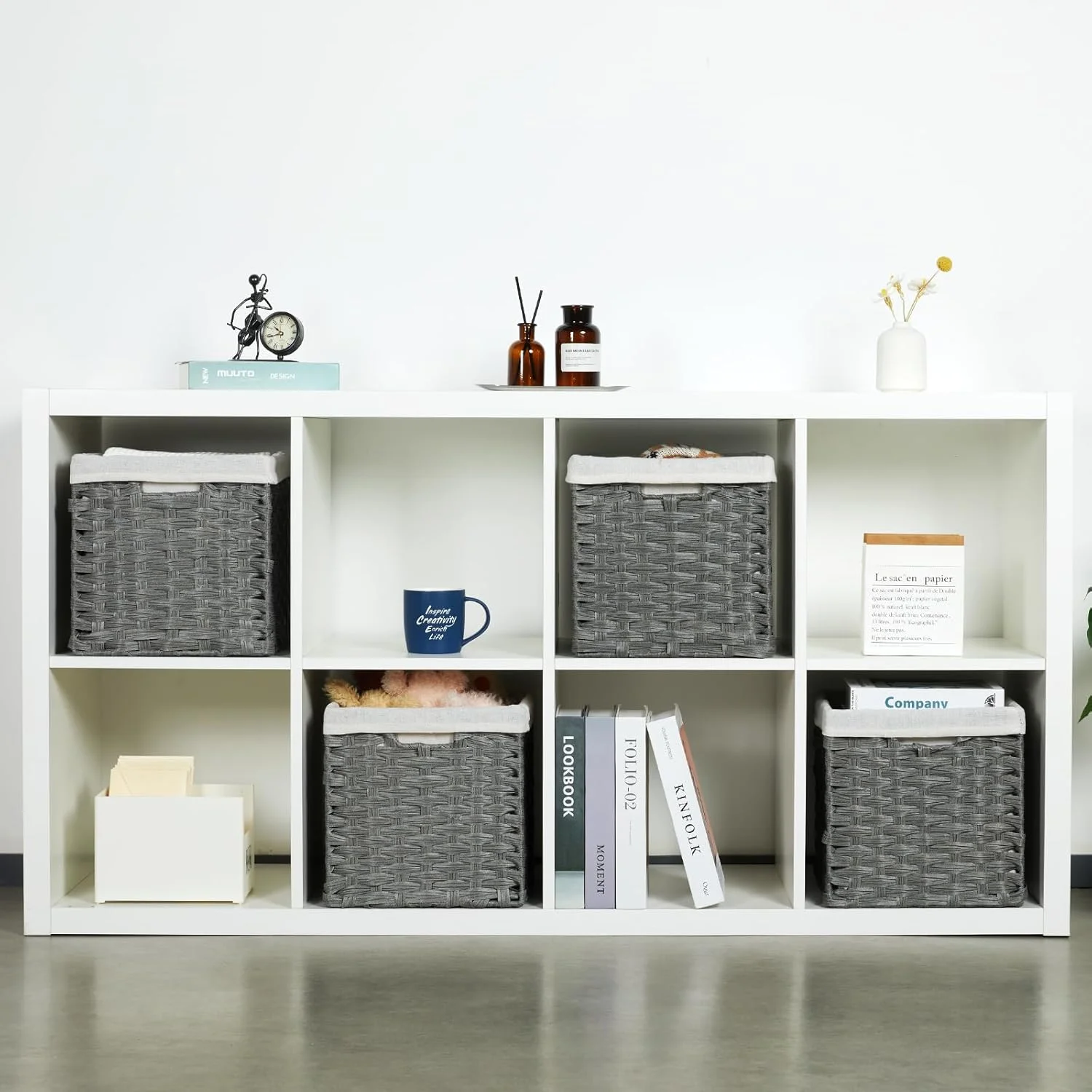 Wicker Storage Baskets for Organizing 4-Pack Hand-Woven Imitation Dark Grey Wicker Cube Storage Bins with Liners for Shelves Closet Cabinet 11x11 Waterproof Cube Organizer for Pantry