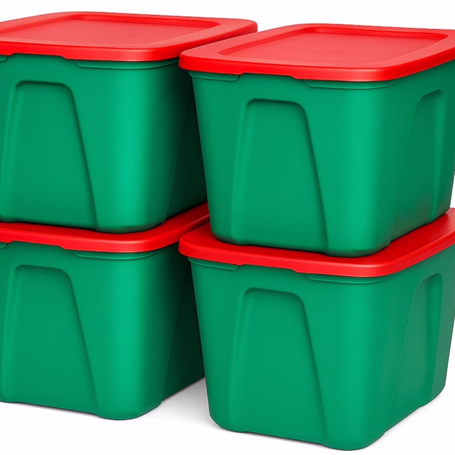 4-Pack Molded Bin, Holiday Storage Containers w/Lids, 18 Gal, Green/Red Stackable Plastic Totes for Christmas Decorations, Gift Wraps, Crafts