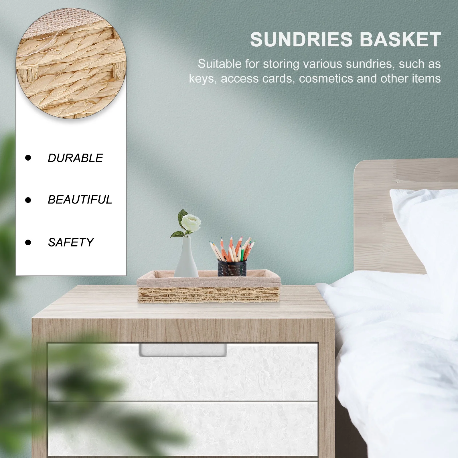 Tabletop Basket Woven Storage Collapsible Rattan Boxes Bin Office Beige