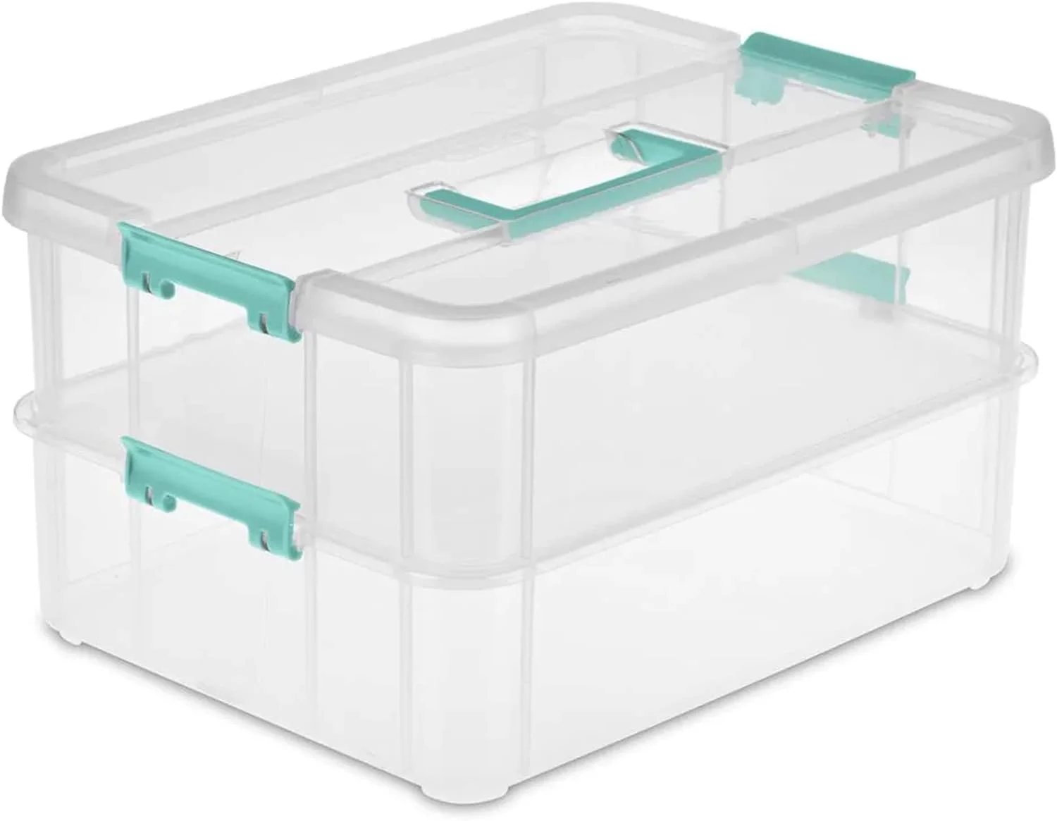 Transparent 2 Layer Stack & Carry Box, Plastic Bin with Latching Lid, for Crafts, 4-Pack