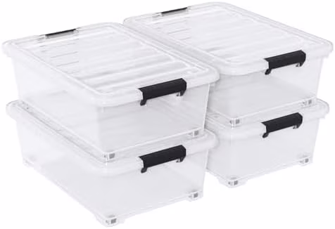 4 Pack Multipurpose 25 Qt Underbed Secure Latching Bin, Plastic Storage Container with Snap-On Lid and Wheels, Clear$$Home Decor, Kitchen, & Other