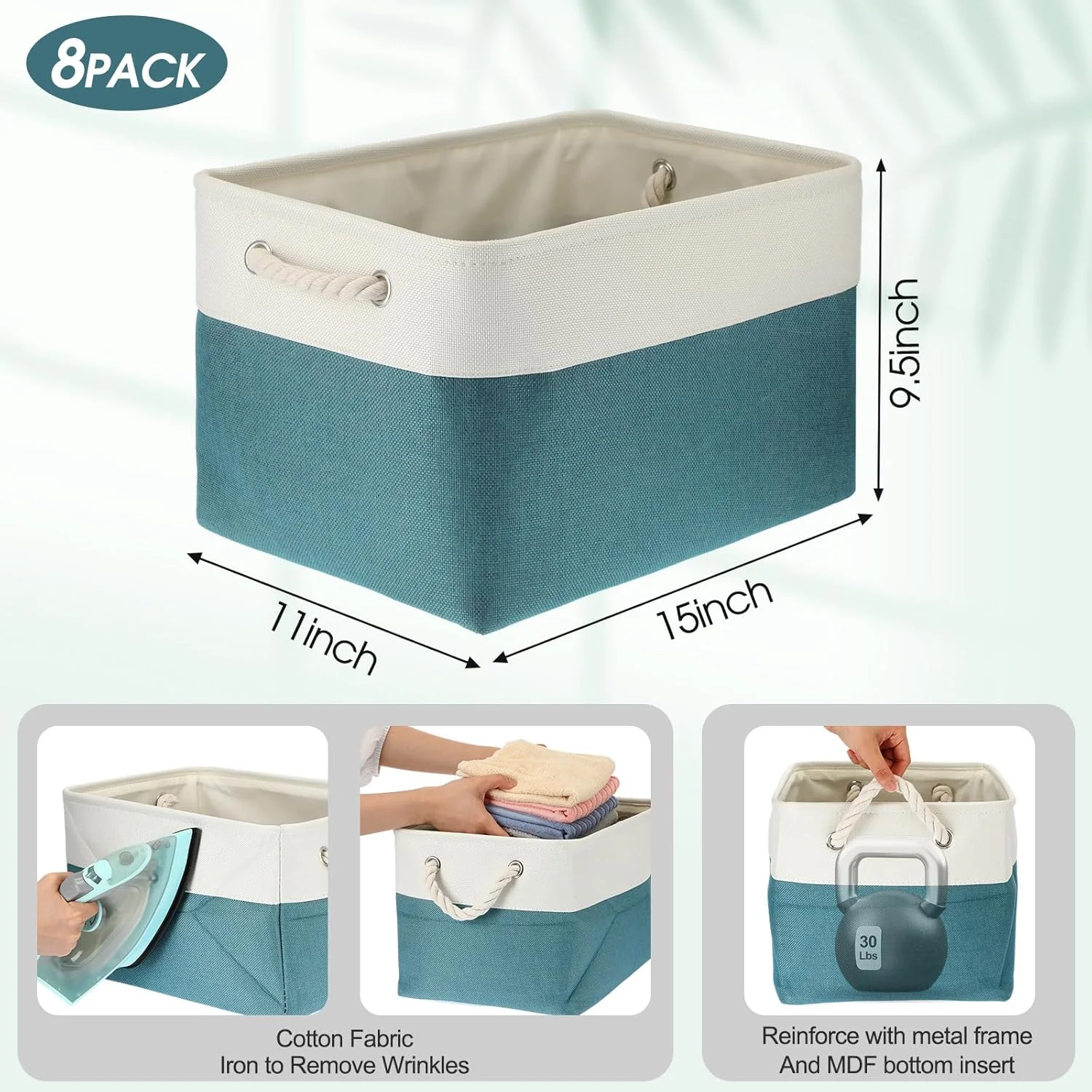 8 Pack Collapsible Storage Bins Fabric Storage Bins Polyester Fabric Storage Baskets with Handles Linen Closet Organizer for Shelf Home Closet Towels Toys (Cyan White,15 x 11 x 9.5 in)