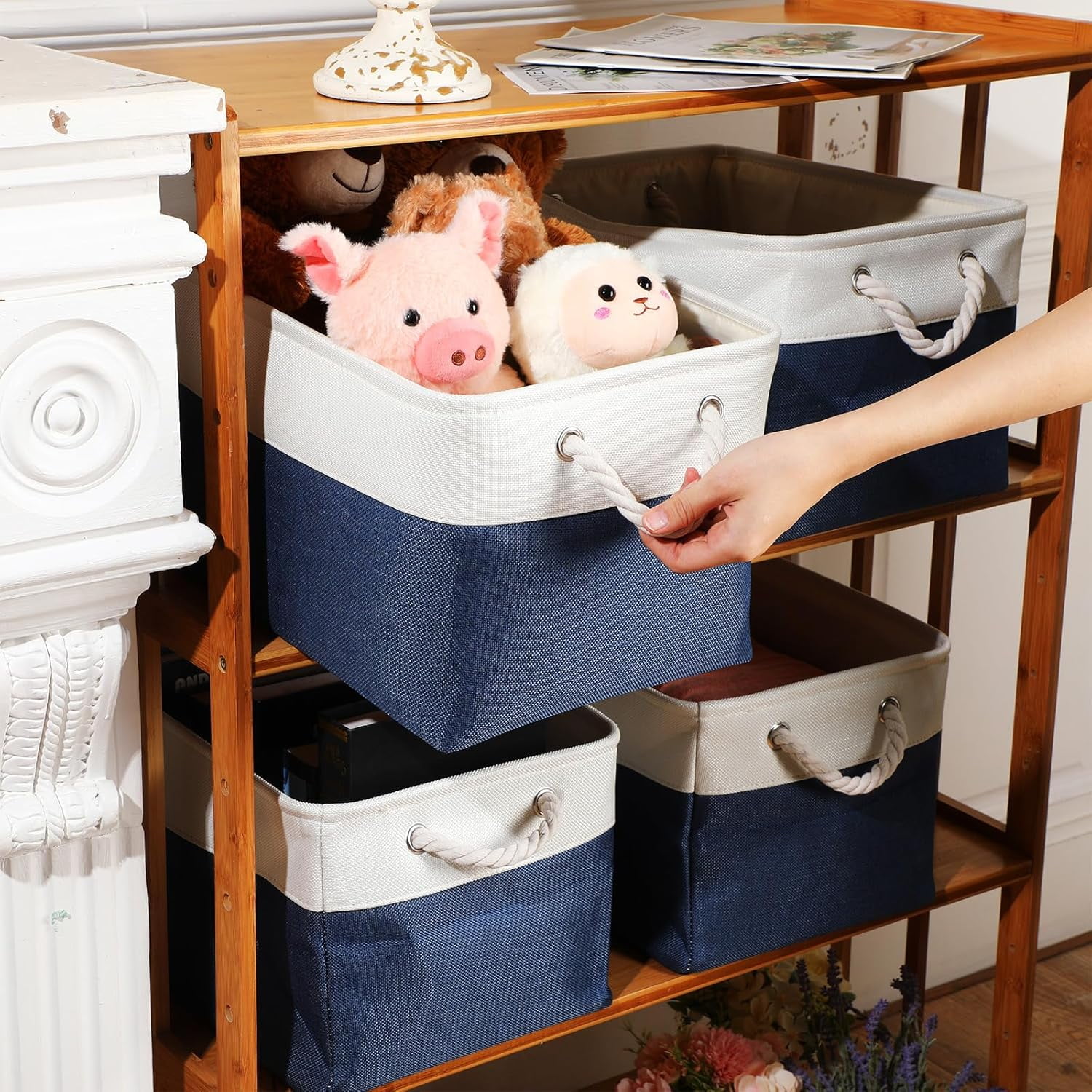 8 Pack Collapsible Storage Bins Fabric Storage Bins Polyester Fabric Storage Baskets with Handles Linen Closet Organizer for Shelf Home Closet Towels Toys (Blue White,15 x 11 x 9.5 In)