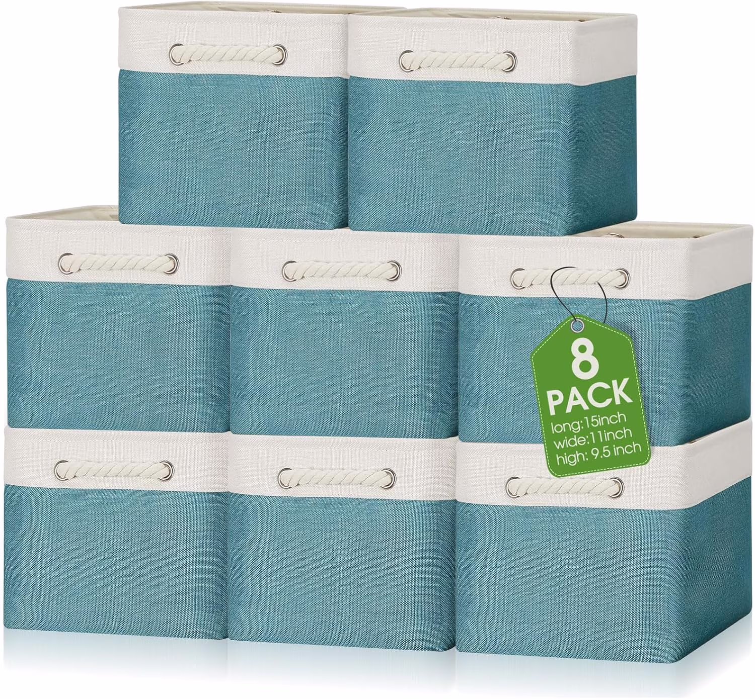 8 Pack Collapsible Storage Bins Fabric Storage Bins Polyester Fabric Storage Baskets with Handles Linen Closet Organizer for Shelf Home Closet Towels Toys (Cyan White,15 x 11 x 9.5 in)