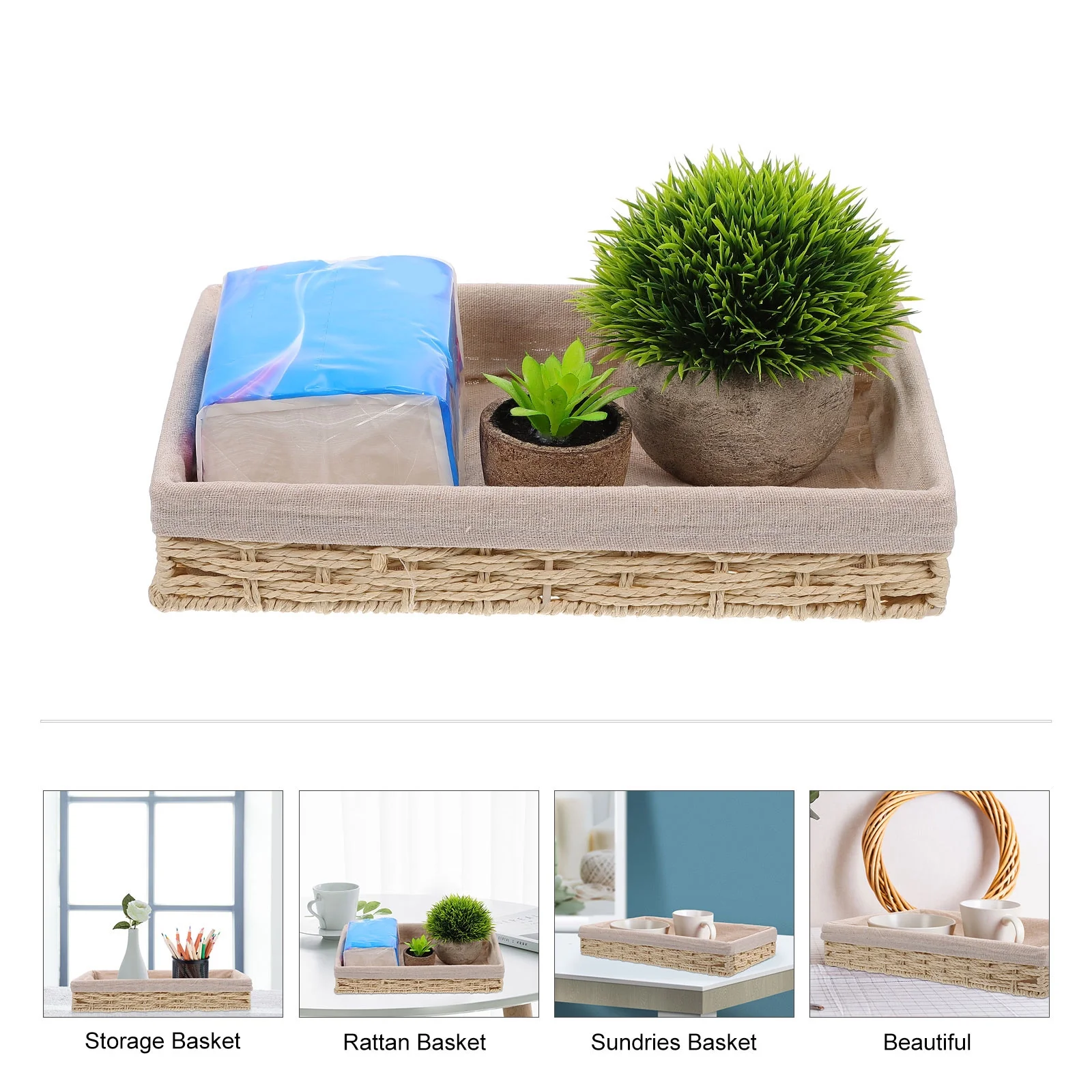 Tabletop Basket Woven Storage Collapsible Rattan Boxes Bin Office Beige