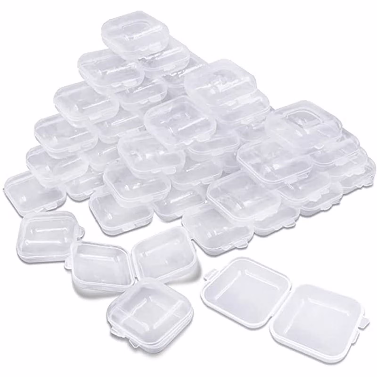 50 Clear Plastic Containers, Small Craft Storage Boxes with Lids, 3.5x3.5x1.8cm, for Beads, Jewelry, Pills