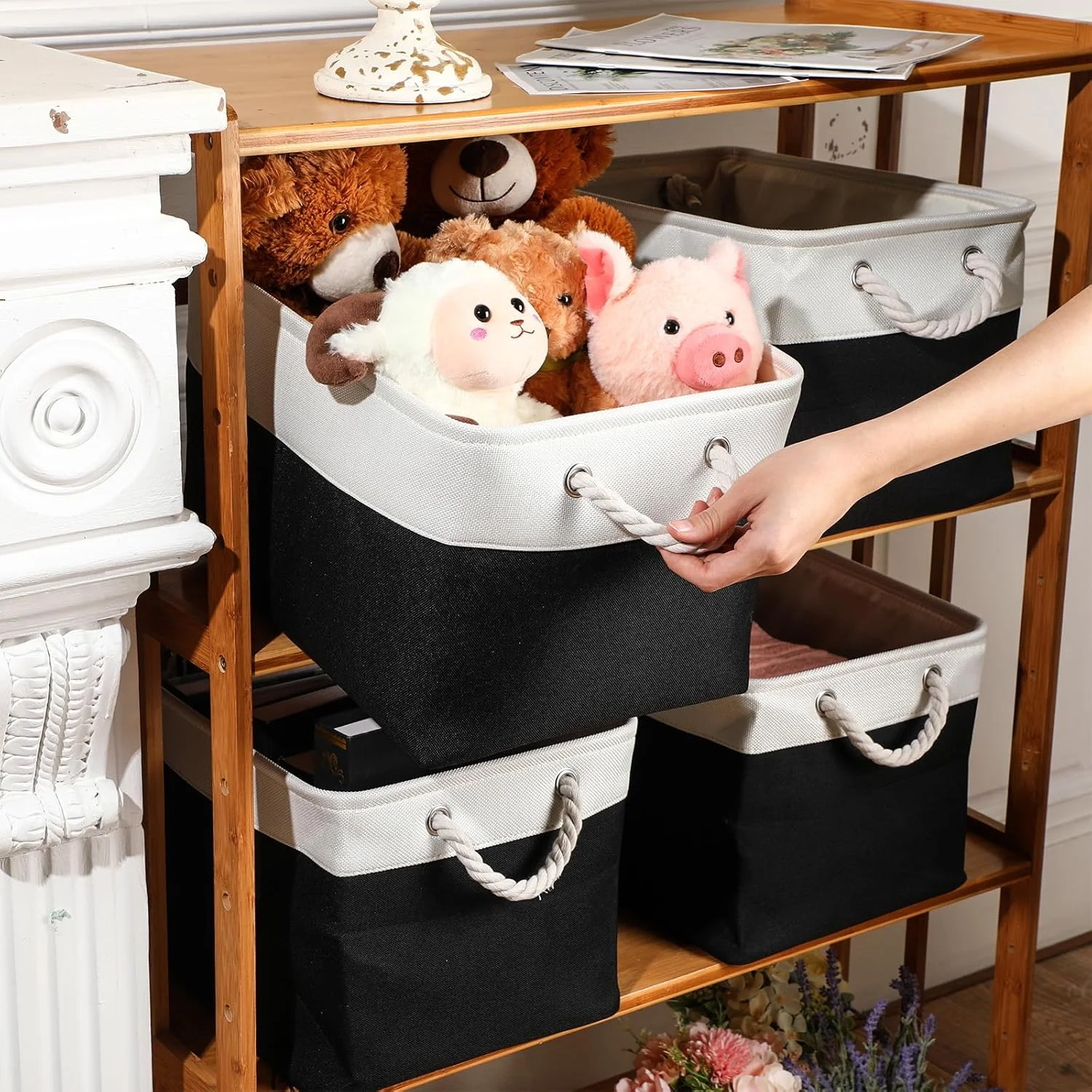 8 Pack Collapsible Storage Bins Fabric Storage Bins Polyester Fabric Storage Baskets with Handles Linen Closet Organizer for Shelf Home Closet Towels Toys (Black Gray, 15 x 11 x 9.5 in)