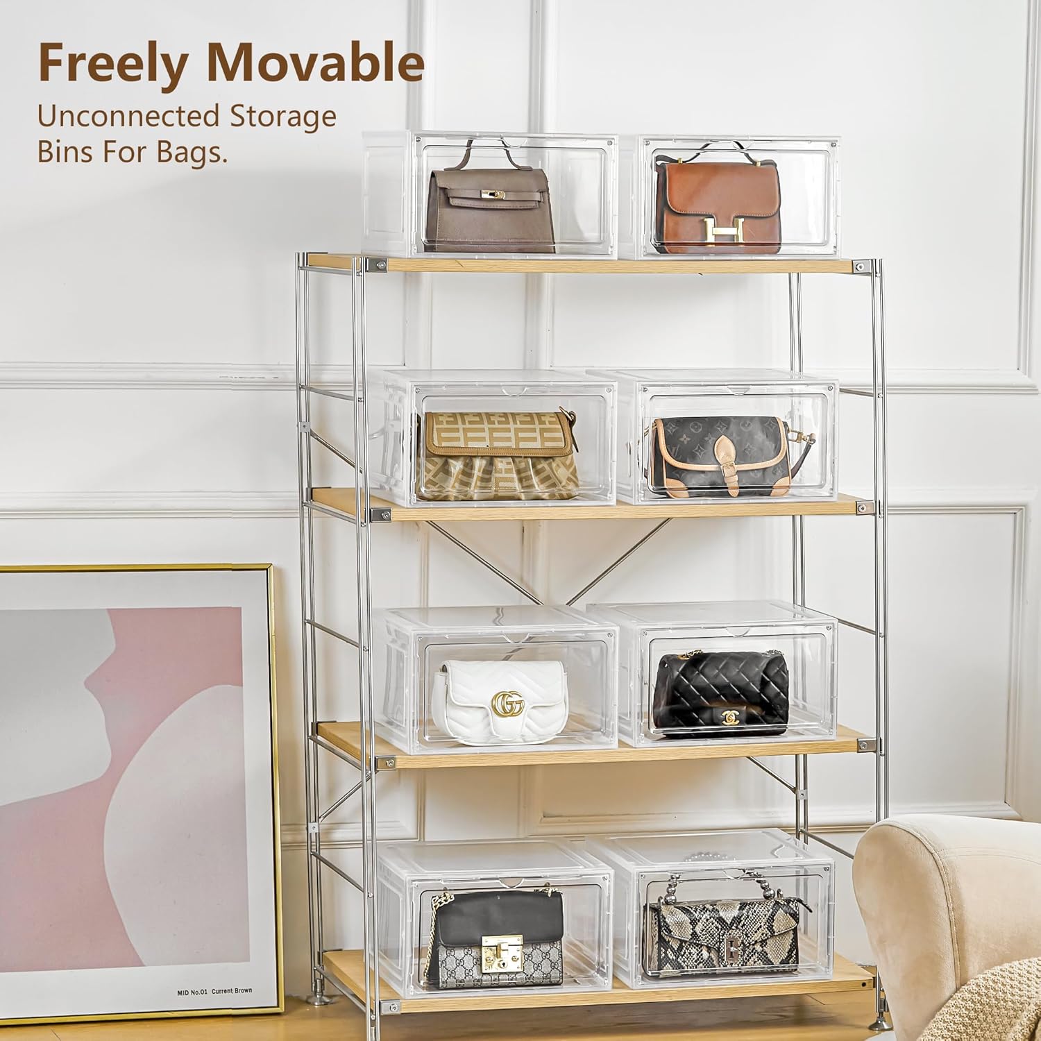 Purse Organizer for Closet 6 Pack Stackable Storage Bins with Lids Clear Plastic Handbag Organizer Purse Storage with Magnetic Door Display Case for Cosmetic Hats, Clear White