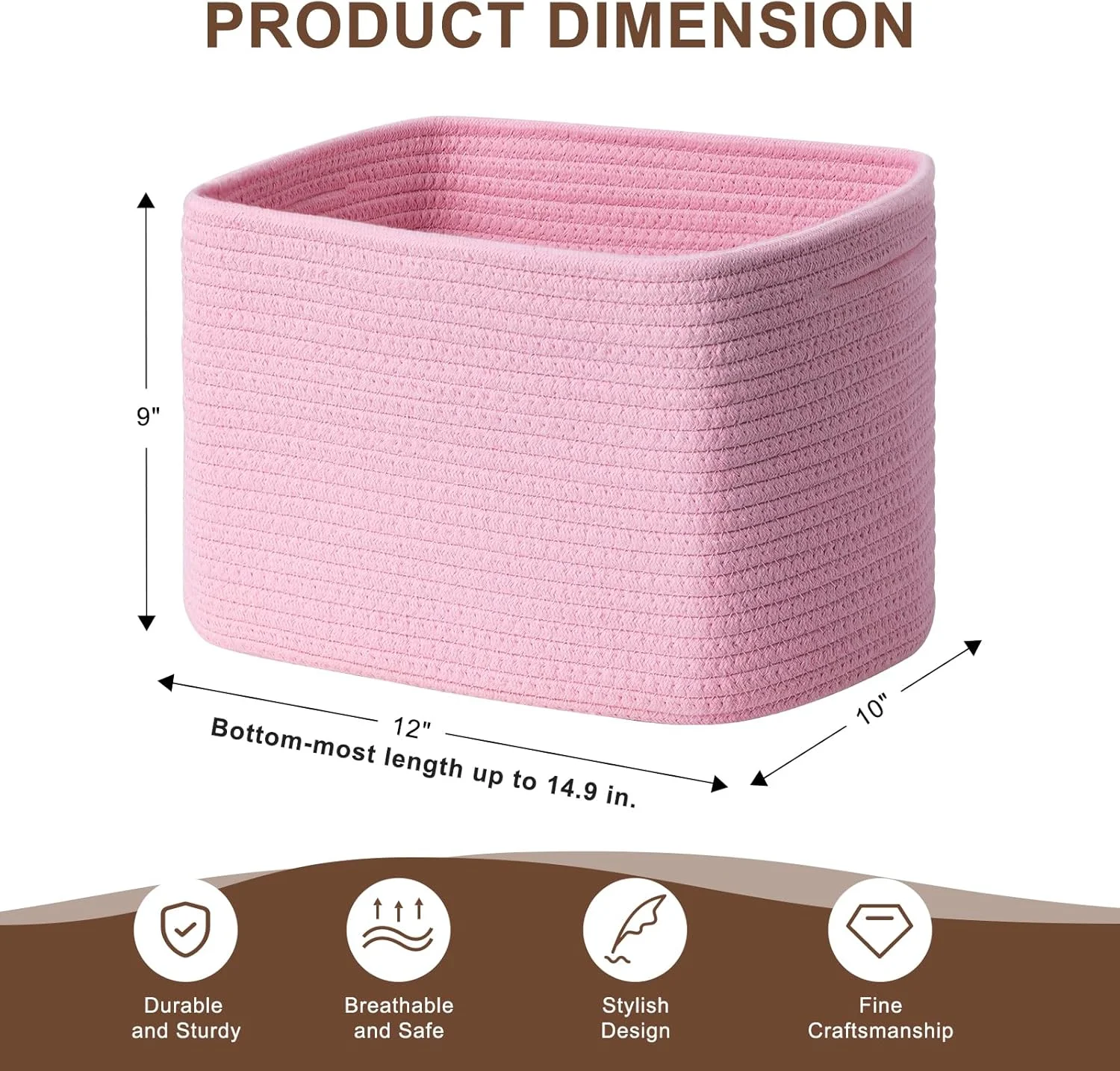 Rope Basket for Storage - 12”x10”x9” Storage Bins, Decorative Basket for Blankets, Woven Basket with Handles, Storage Baskets for Shelves, Home, Laundry (4 Pack, Pink)