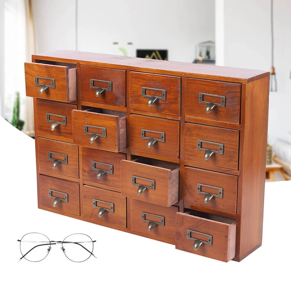 16 Drawers Vintage Library Desk Wooden Cabinet Apothecary Medicine Storage Box Organizer