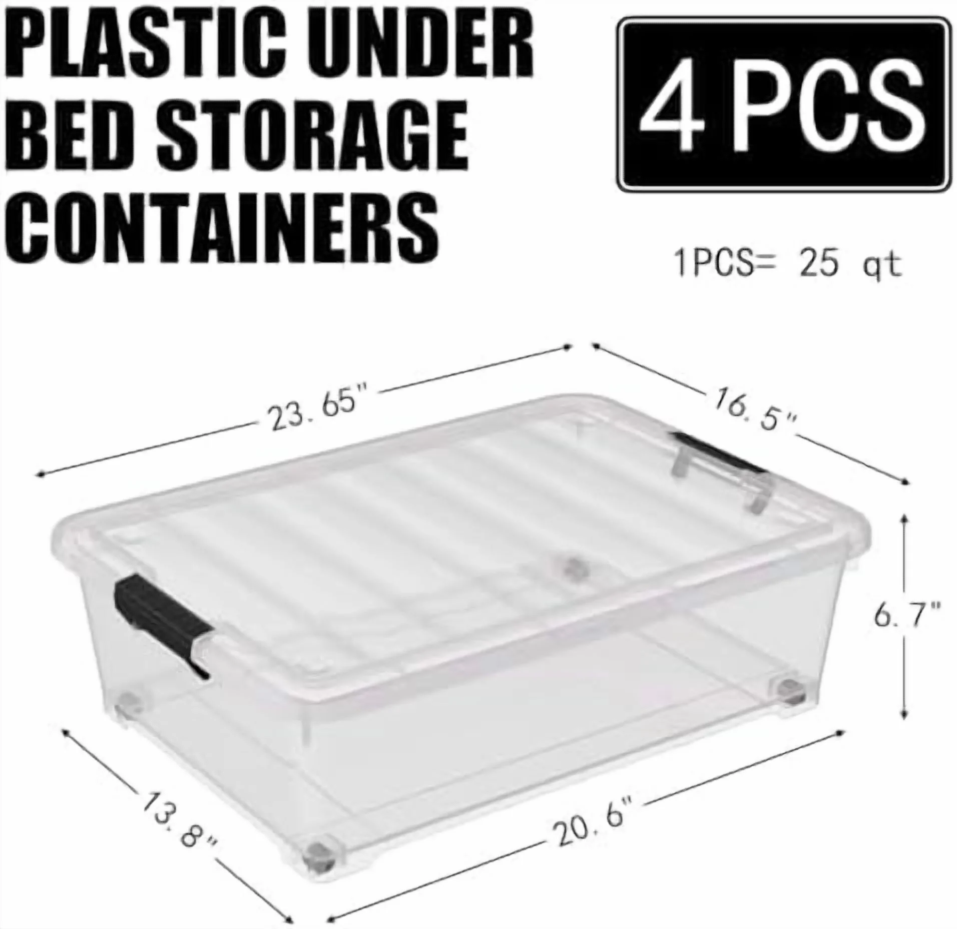 4 Pack Multipurpose 25 Qt Underbed Secure Latching Bin, Plastic Storage Container with Snap-On Lid and Wheels, Clear$$Home Decor, Kitchen, & Other