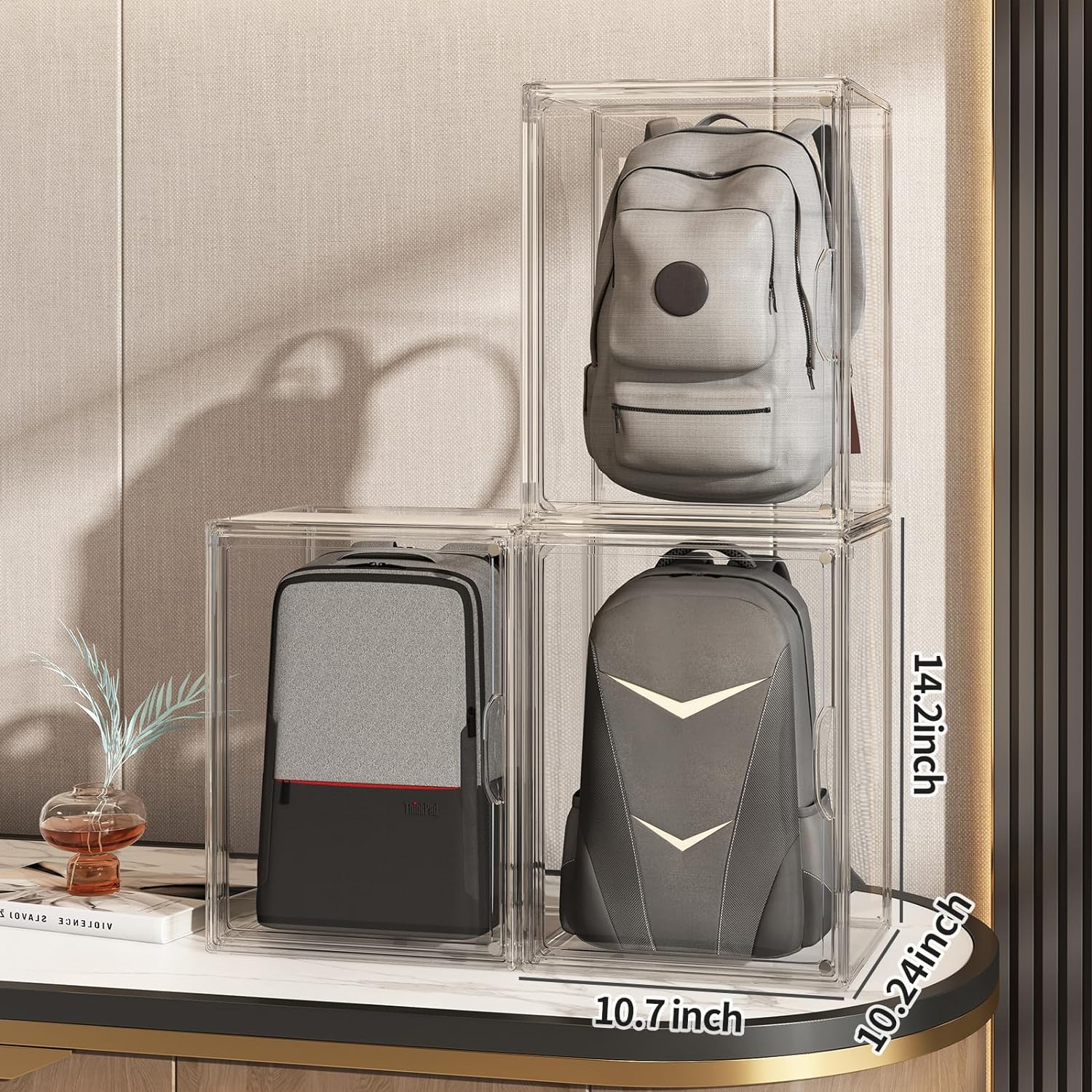 Acrylic Purse Organizer, Stackable Storage Bin with Magnetic Lid for Handbags, Collectibles &