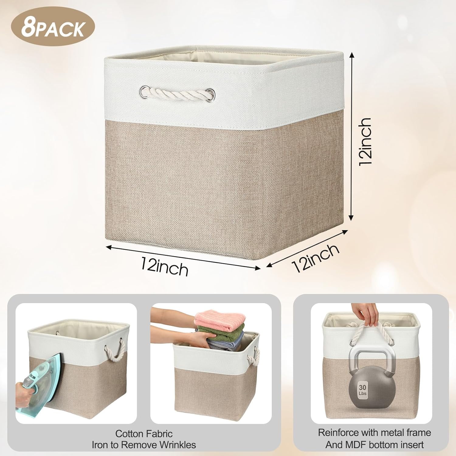 8 Pack Collapsible Storage Bins Fabric Storage Bins Polyester Fabric Storage Baskets with Handles Linen Closet Organizer for Shelf Home Closet Towels Toys (Beige,12 x 12 x 12 In)