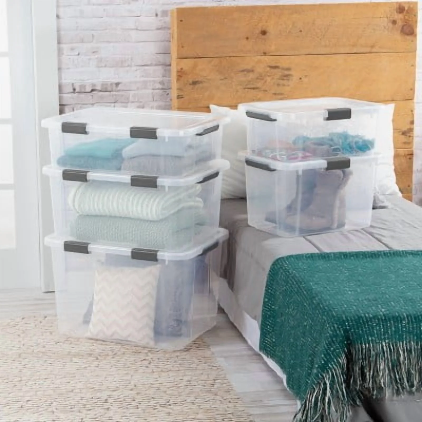 30qt Hinged Lid Latch Box: Plastic Storage Tote with Built-In Handles, Stackable, Universal Storage