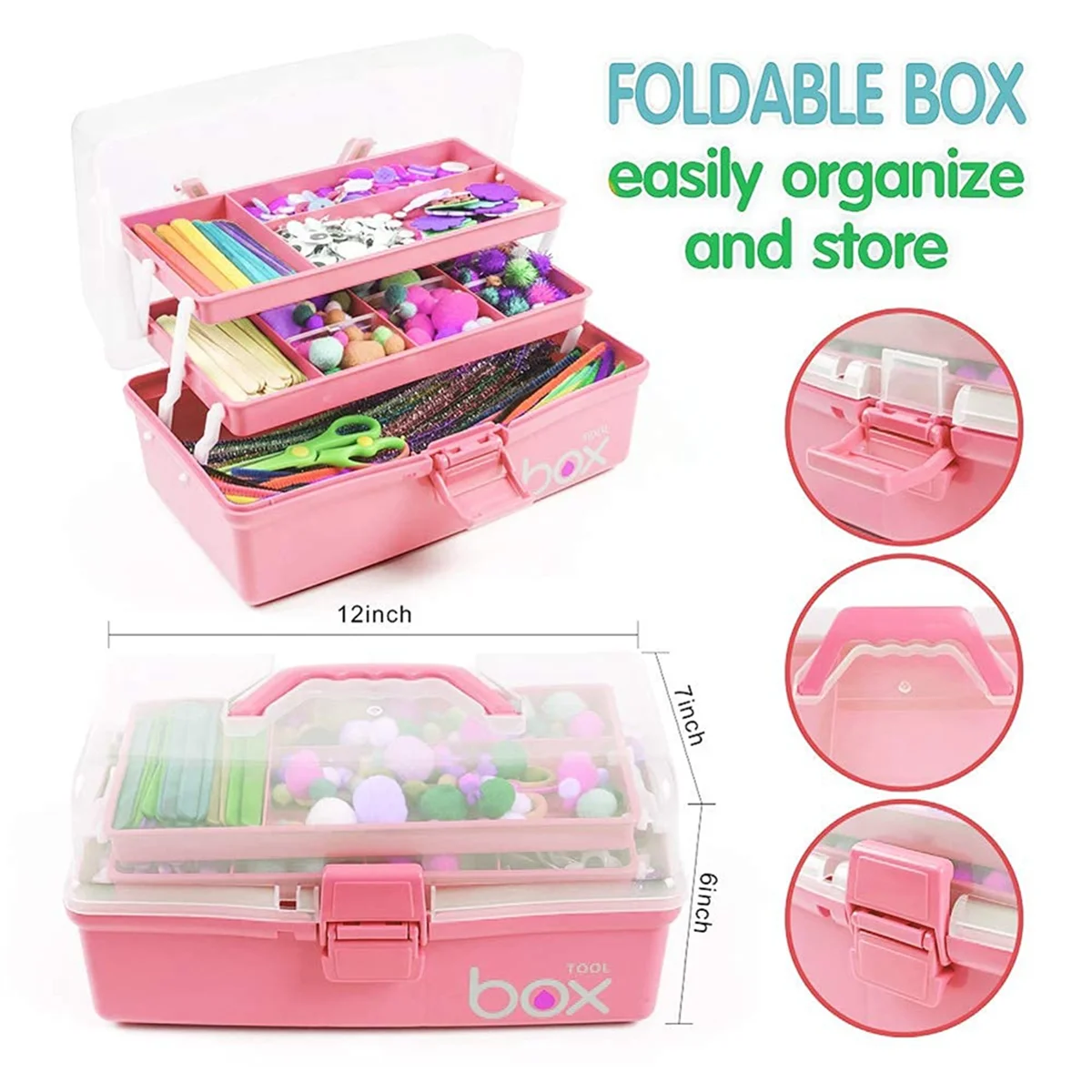12in Three-Layer Multipurpose Storage Box, Folding Tool Box/Art & Crafts Case/Sewing Supplies Organizer