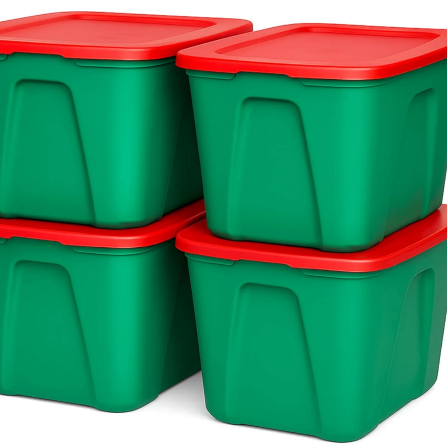 4-Pack Molded Bin, Holiday Storage Containers w/Lids, 18 Gal, Green/Red Stackable Plastic Totes for Christmas Decorations, Gift Wraps, Crafts