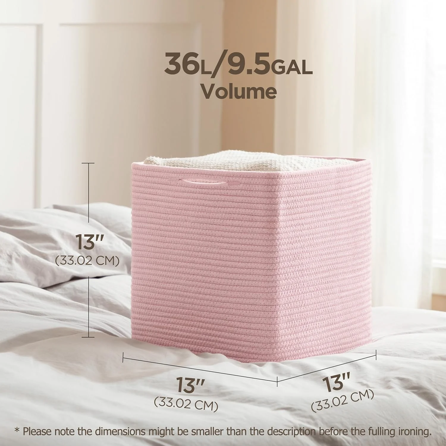 Cube Storage Bins Set of 4, 13inch Cube Baskets Organizer for Nursery, Square Cotton Rope Baskets for Shelves Organizing, Kids Toy, Closet Storage,Pink