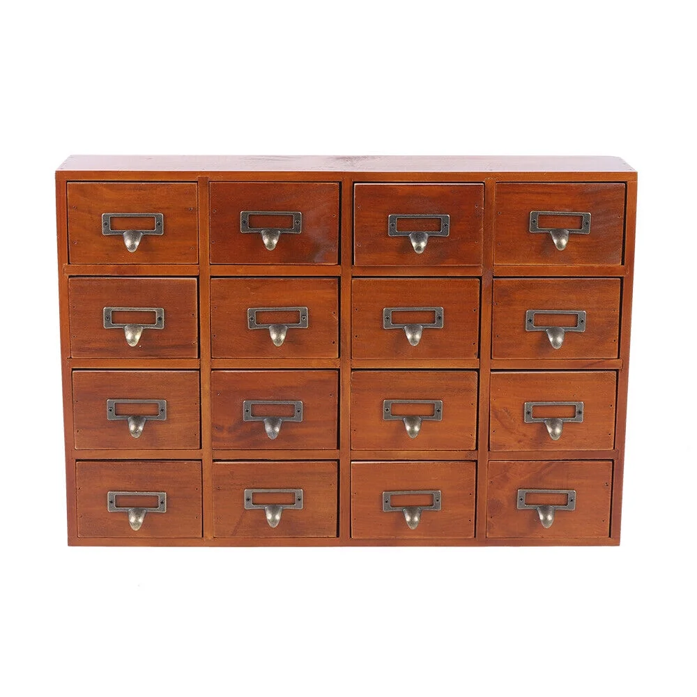 16-Drawer Apothecary Medicine Wood Cabinet Label Shelf Card Catalog Organizer US