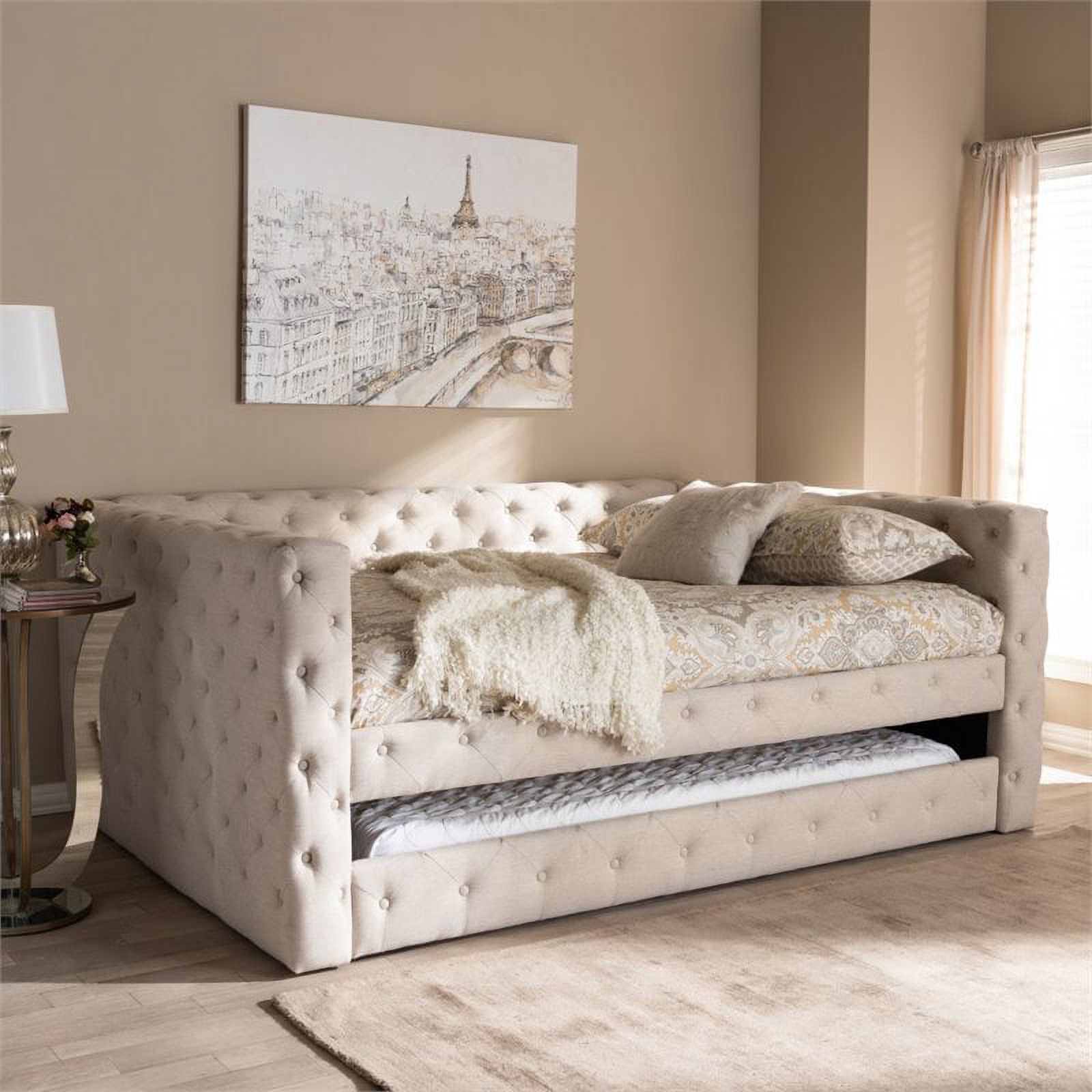 Bowery Hill Fabric Tufted Full Daybed w/ Trundle in Light Beige