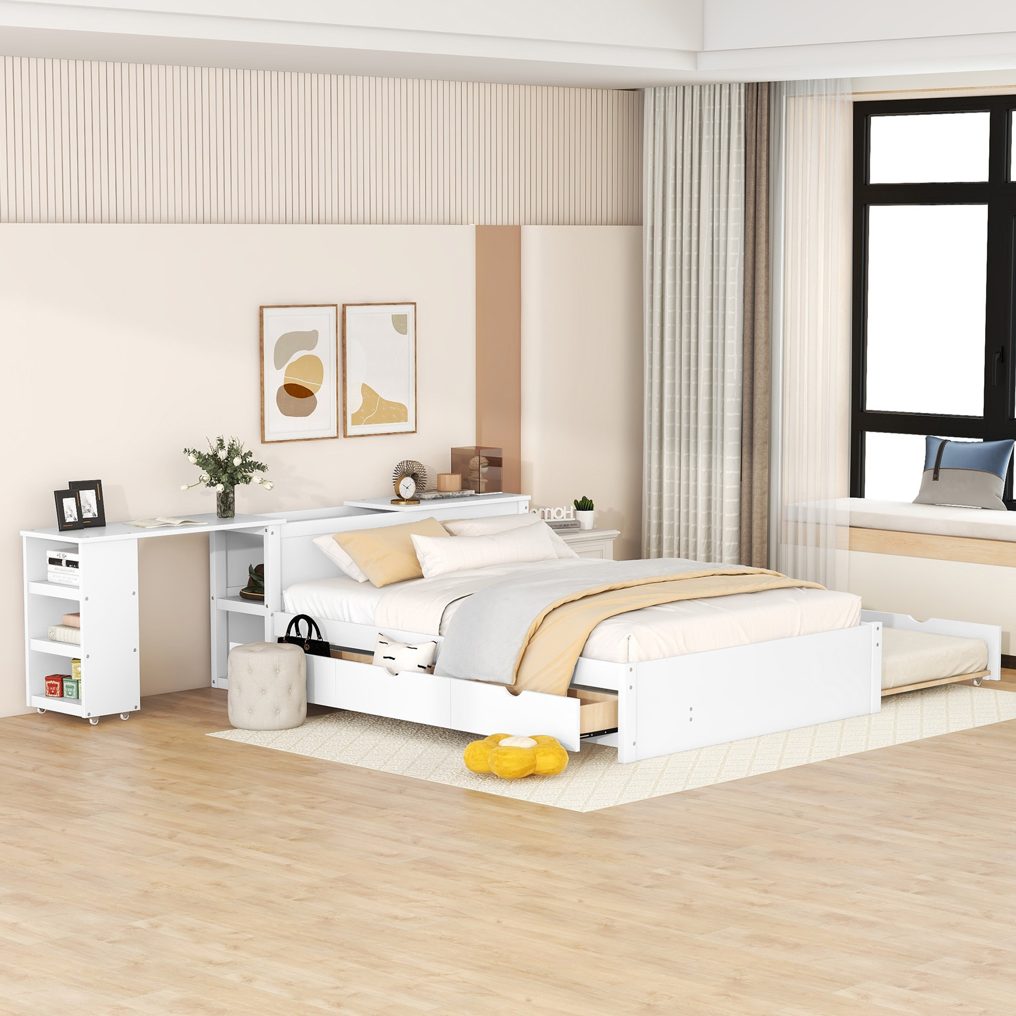 Kuurfuurdo Full Size Platform Bed with Trundle and Multi-Functional Headboard, Bed Frame for Kids Teens and Adults (White)